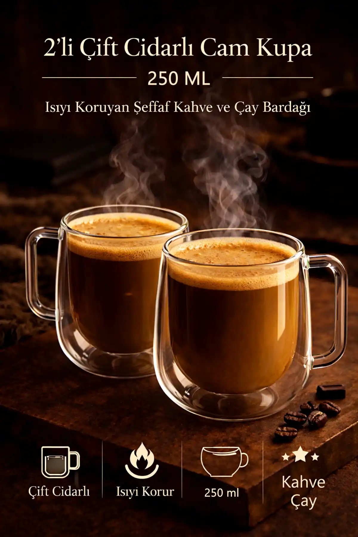 2’li Çift Cidarlı Cam Kupa 250 ml Isıyı Koruyan Şeffaf Kahve Çay Fincanı Kulplu Espresso Cam Bardak