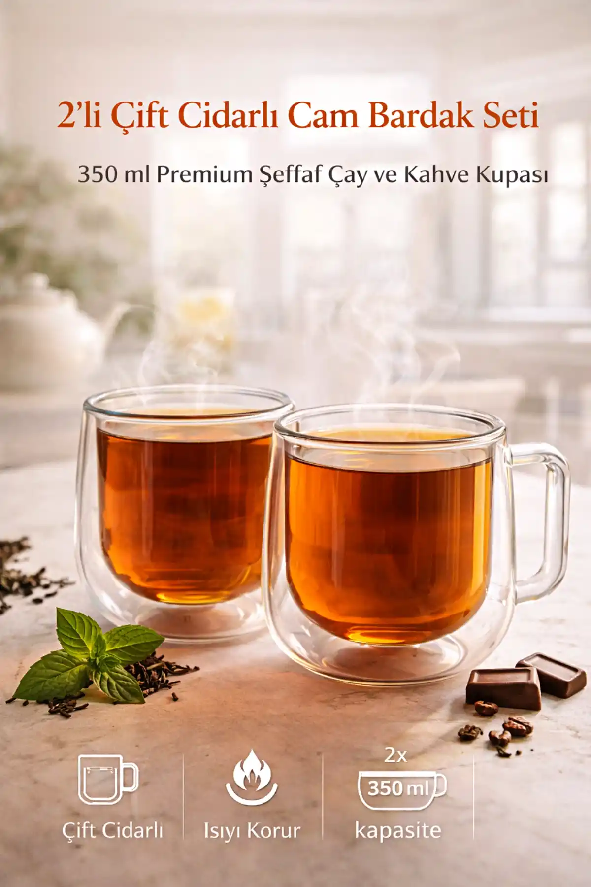 2’li Çift Cidarlı Cam Kupa 250 ml Isıyı Koruyan Kahve Çay Fincanı Kulplu Espresso Cam Bardak