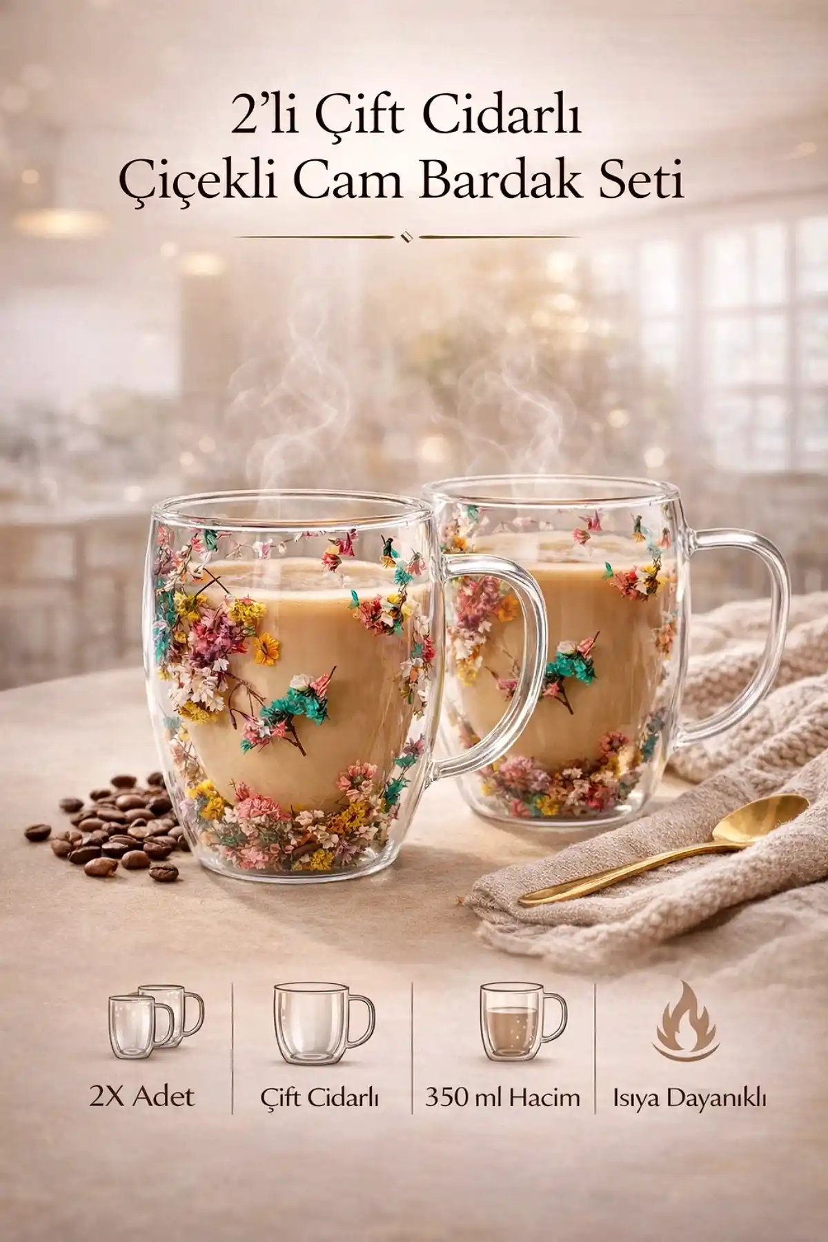 2li Çift Cidarlı Kurutulmuş Çiçekli Cam Kupa Bardak 250ml Kulplu Kahve Çay Bardağı Flower Cup Seti