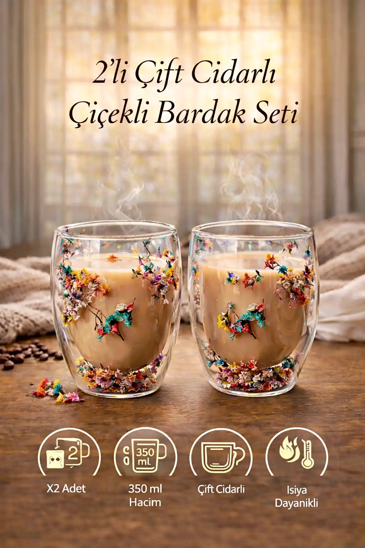 2li Çift Cidarlı Flower Cup 350ml Çiçekli Bardak Kahve Çay Bardağı El Yapımı Cam Bardak Seti