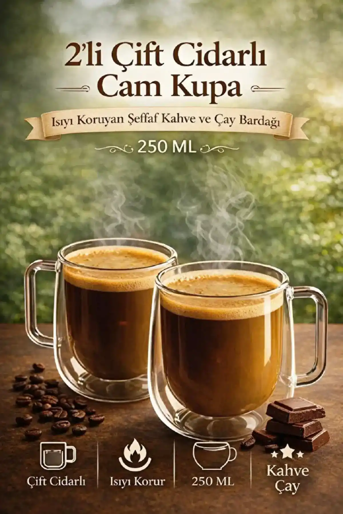 2li Çift Cidarlı Cam Kupa Bardak Seti 250 ml Çay Kahve Sunum Bardağı Isıya Dayanıklı Still Bardak