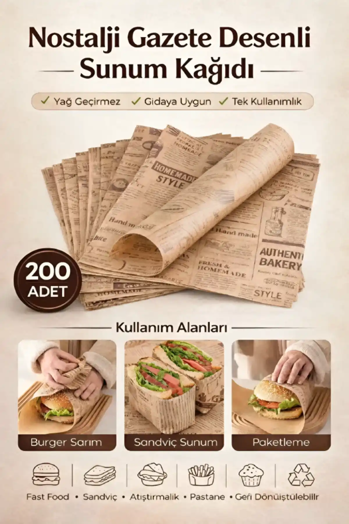 200lü Nostalji Desenli Kağıt Vintage Gazete Desen Aparatif Kağıdı Mutfak Sunum Breakfast Kağıdı