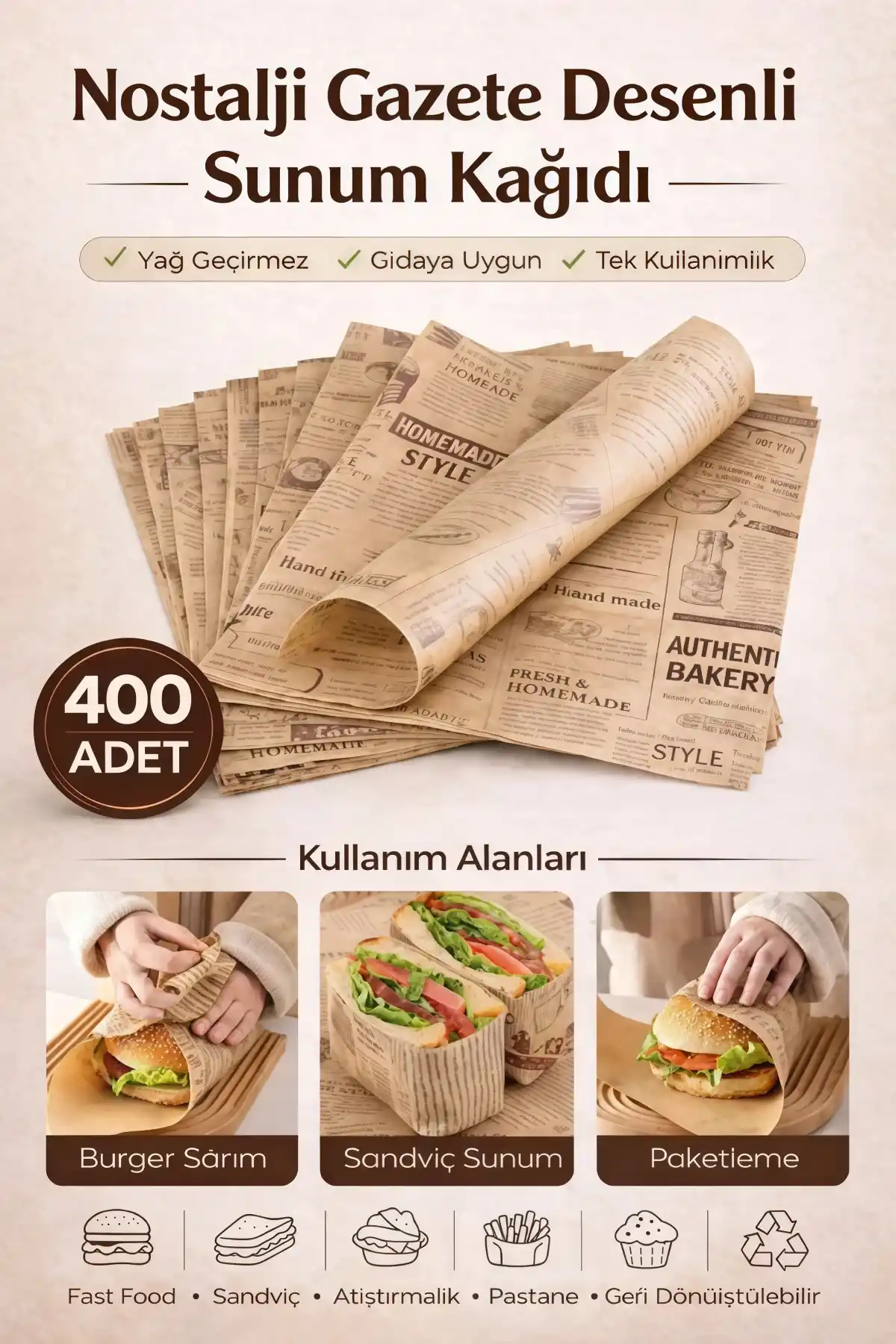 400lü Nostalji Desenli Kağıt Vintage Gazete Desen Aparatif Kağıdı Mutfak Sunum Breakfast Kağıdı
