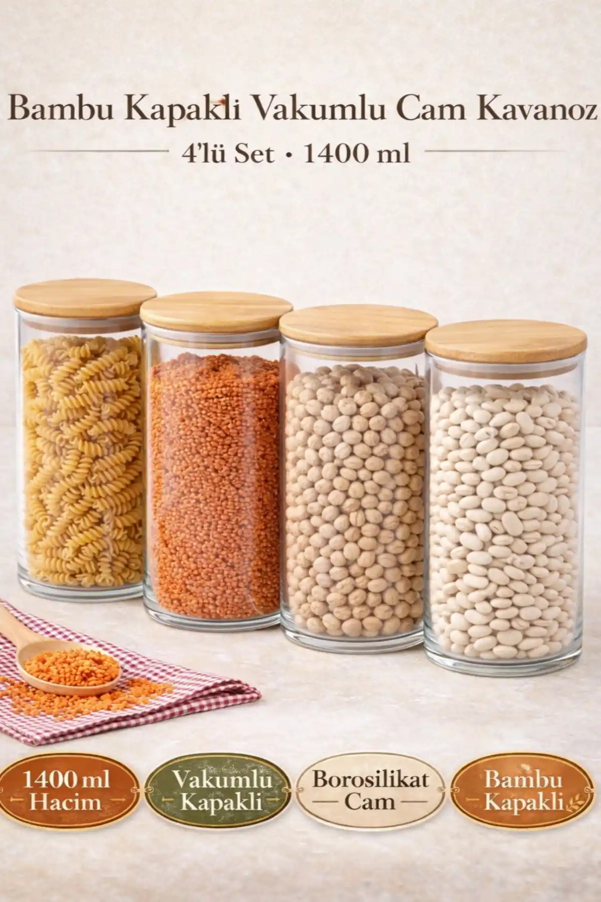 4lü Bakliyat Saklama Kabı Bambu Kapaklı Cam Kavanoz Vakumlu Baharatlık Mutfak Organizer Seti