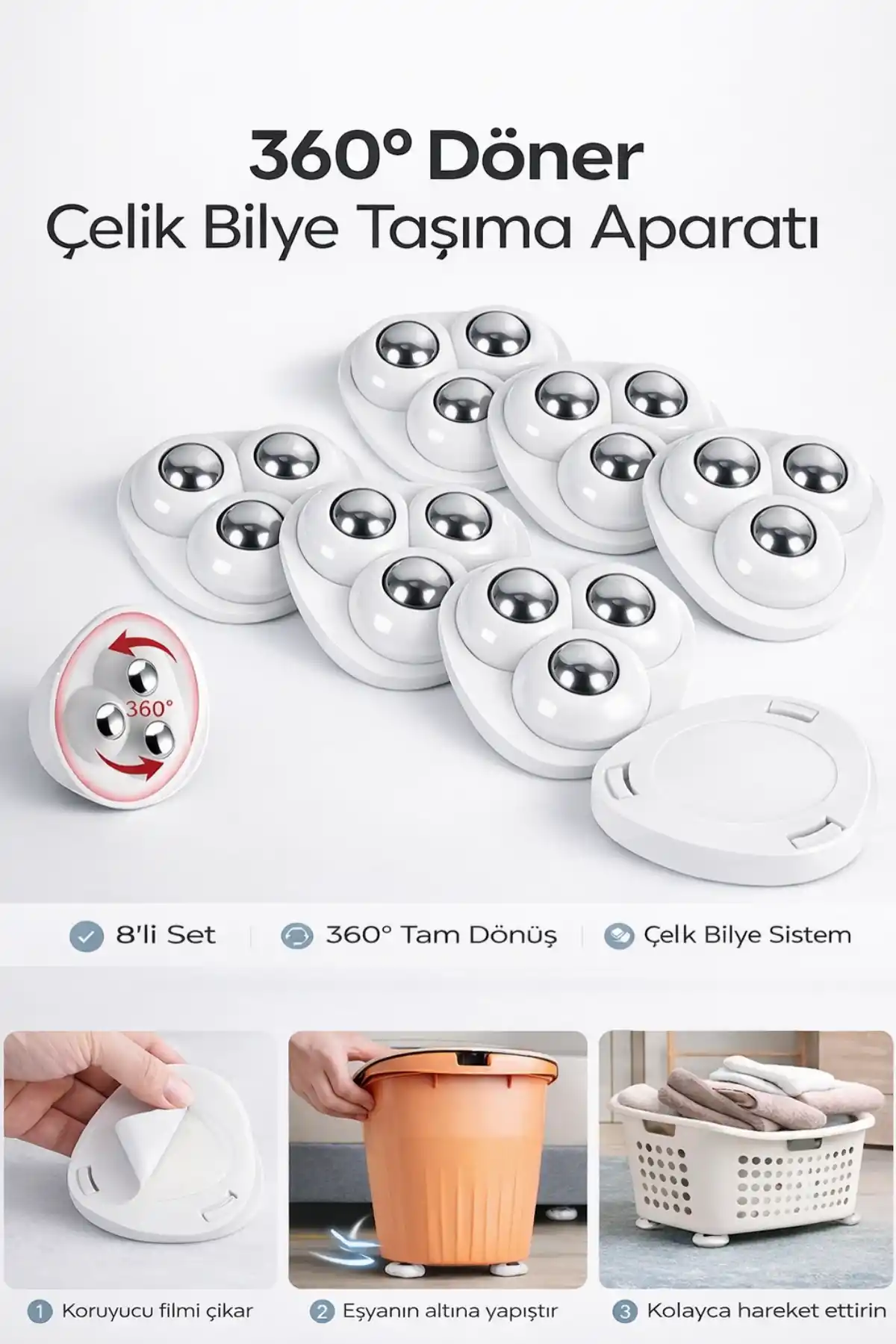 8 Adet 360 Derece Döner Çelik Bilye Tekerlekli Eşya Yük Taşıma Yapışkanlı Eşya Kaydırma Aparatı Set