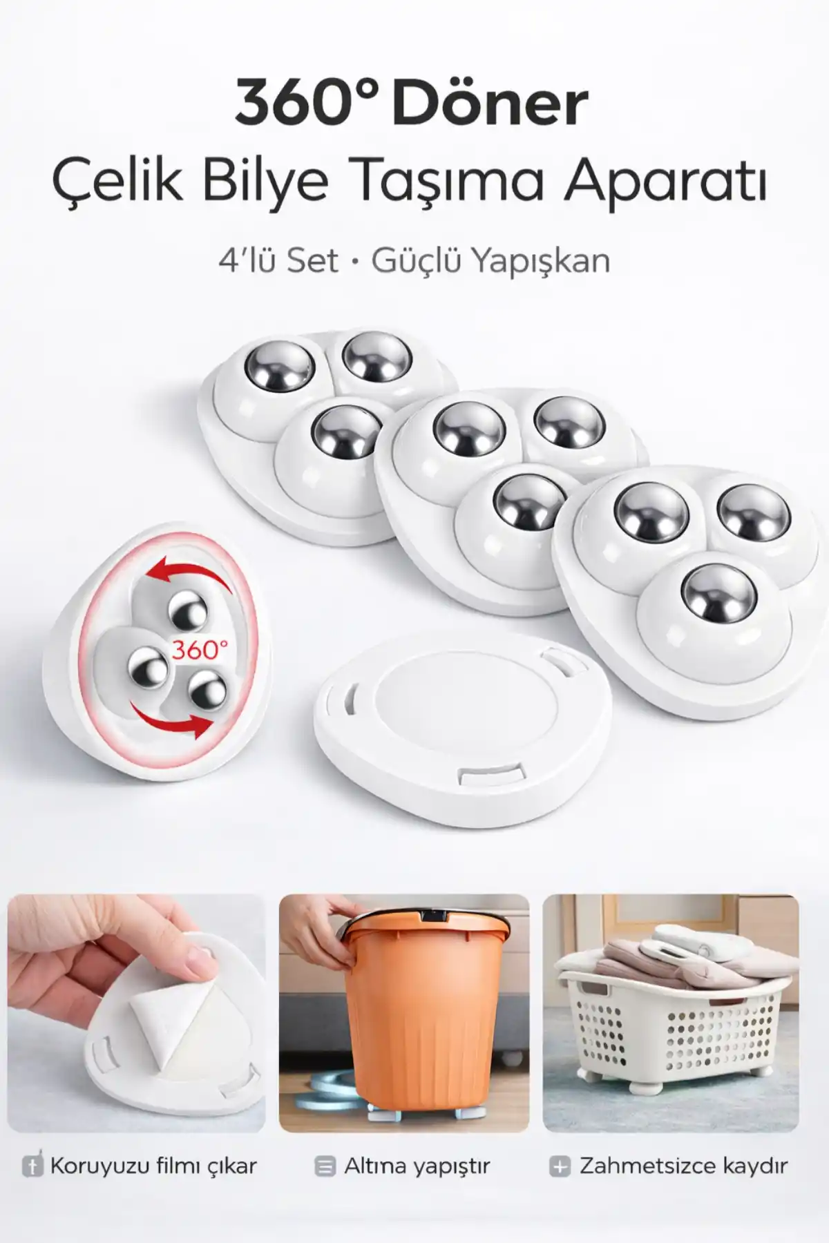 4 Adet 360 Derece Döner Çelik Bilye Tekerlekli Eşya Yük Taşıma Yapışkanlı Eşya Kaydırma Aparatı Set