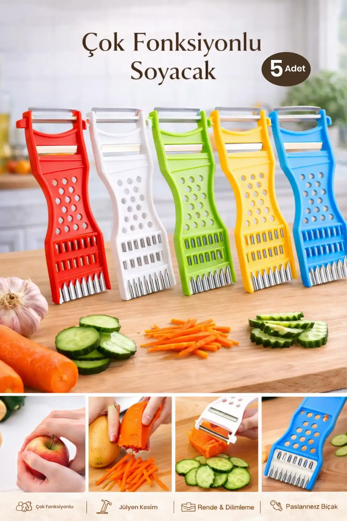 5li Çok Fonksiyonlu 6 Kademeli Soyacak Rende Jülyen Dilimleyici Meyve Sebze Patates Soyma Aparatı
