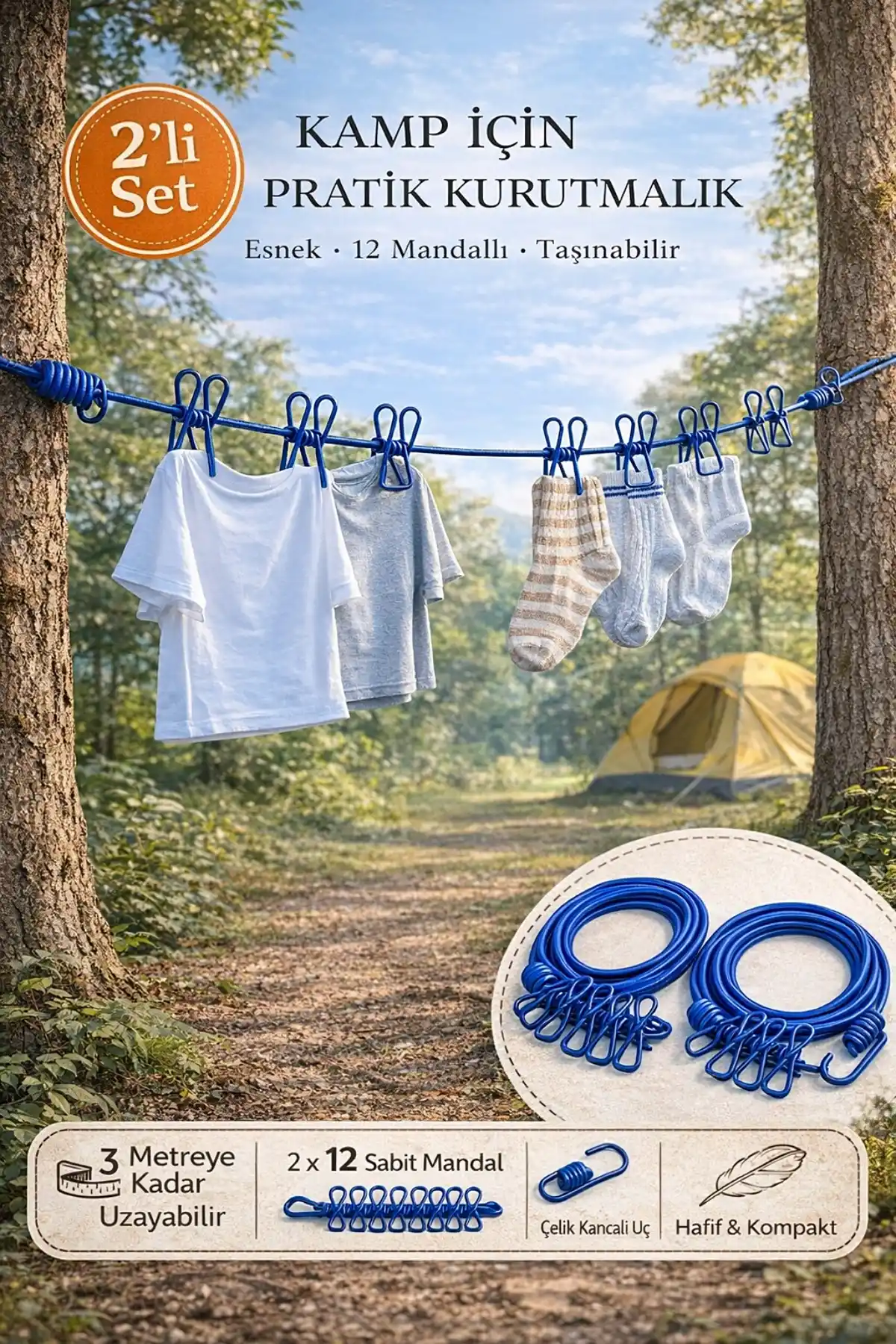 2li Mandallı Kamp Çamaşır Asma İpi 1.8-3m Elastik Taşınabilir Balkon Seyahat Kancalı Kurutma Halatı