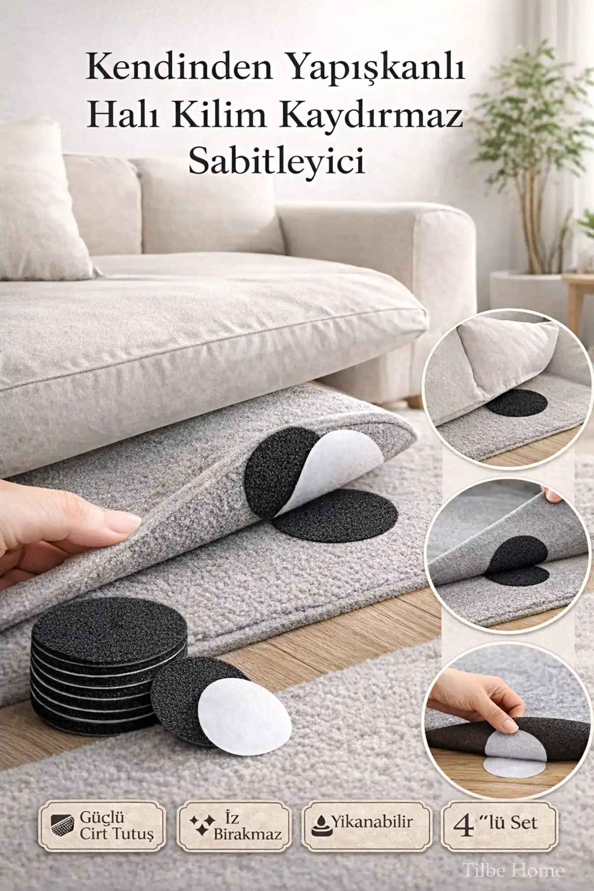 4’lü Kilim Halı Kaydırmaz Sabitleyici Cırt Kendinden Yapışkanlı Koltuk Örtüsü Halı Kayma Önleyici