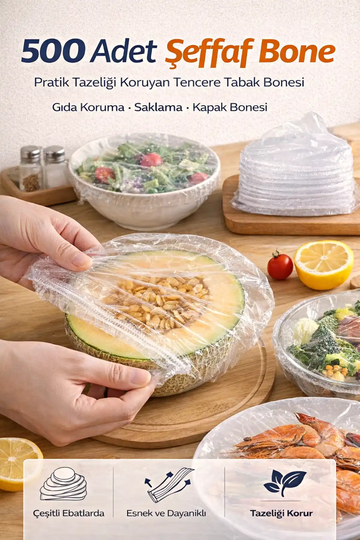 500 Adet Şeffaf Streç Bone Kapak – Esnek Tencere Tabak Kase Gıda Saklama Bonesi Buzdolabı Koruyucu