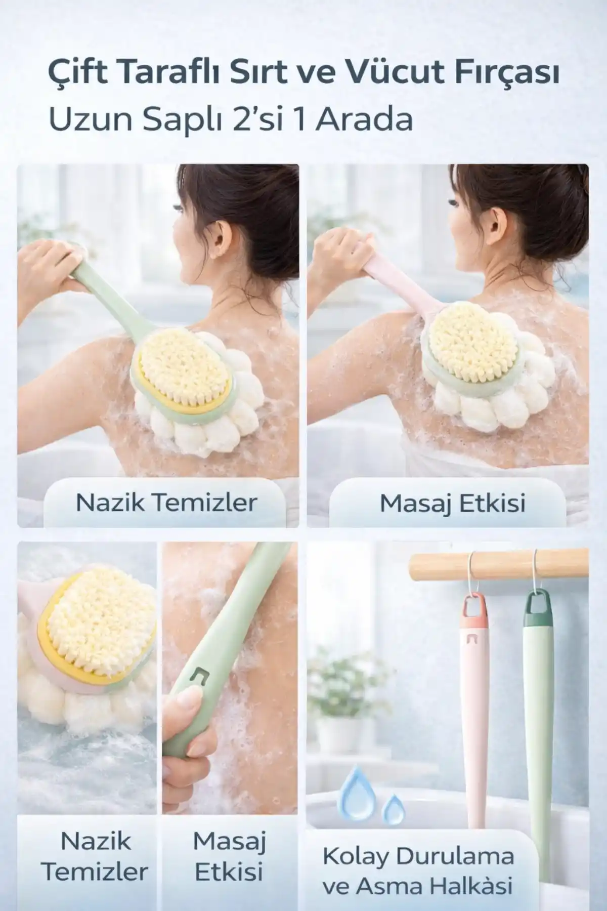 Çift Taraflı Uzun Saplı Sırt Fırçası Duş Lifi Masaj Etkili Banyo Kesesi Banyo Lifi ve Süngeri