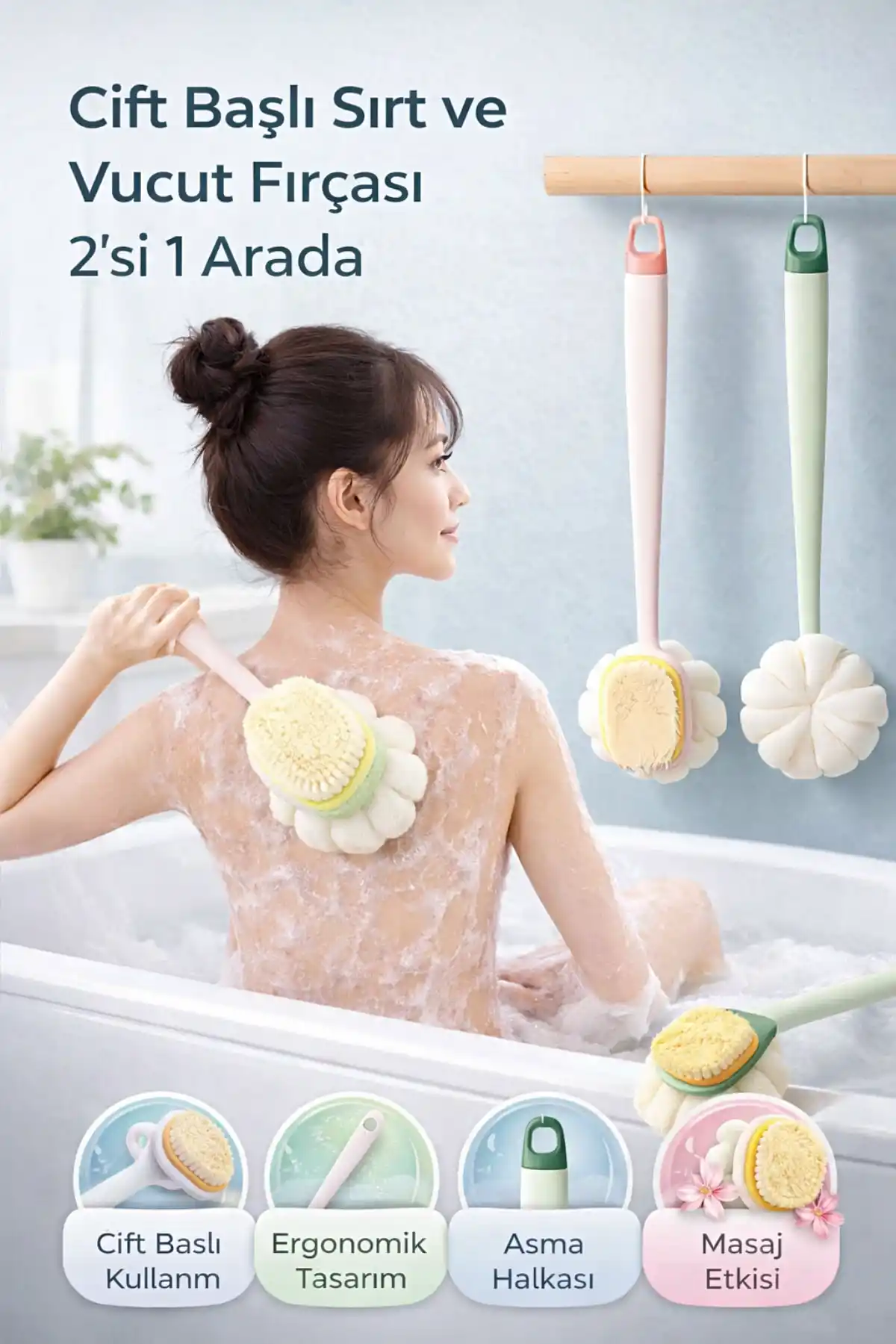 Çift Taraflı Uzun Saplı Sırt Fırçası Duş Lifi Masaj Etkili Banyo Kesesi Banyo Lifi ve Süngeri