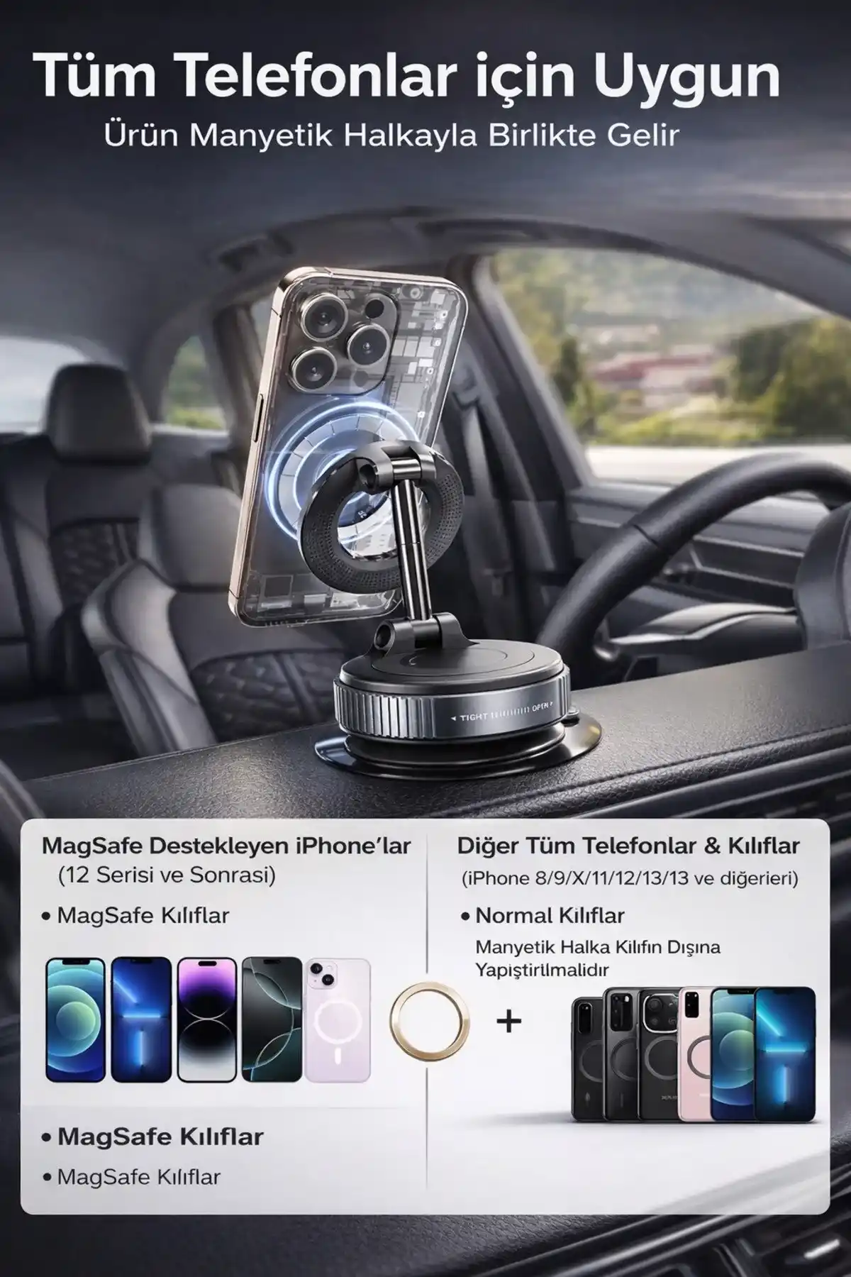 Manyetik Araç İçi Cep Telefonu Tutacağı Cam Torpido Montaj 360° Ayarlanabilir Tutucu Güçlü Vakumlu