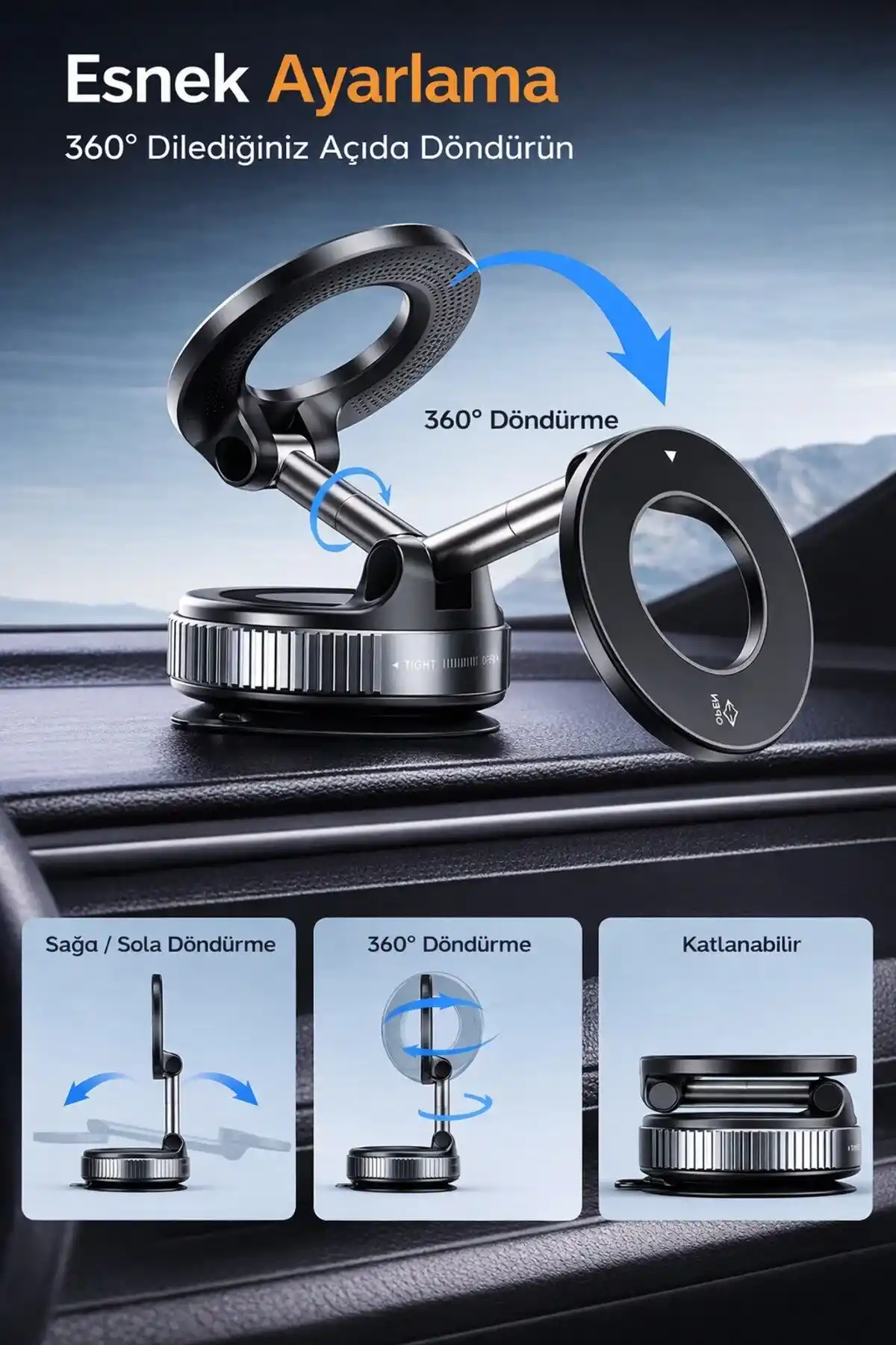Manyetik Araç İçi Cep Telefonu Tutacağı Cam Torpido Montaj 360° Ayarlanabilir Tutucu Güçlü Vakumlu