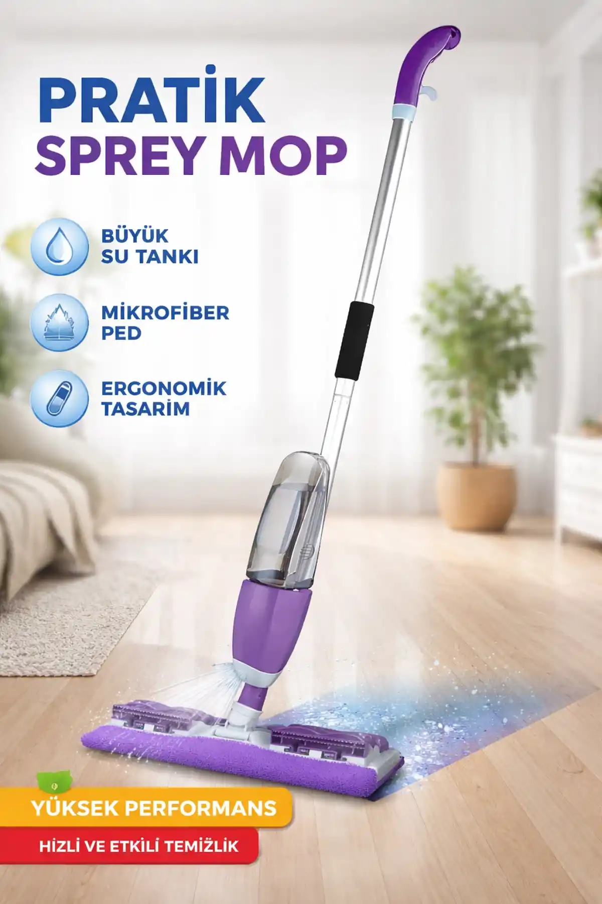 Sihirli Teleskobik Mandallı Sprey Mop Bezli Mikrofiber Paspas Yer Fayans Duvar Yüzey Temizlik