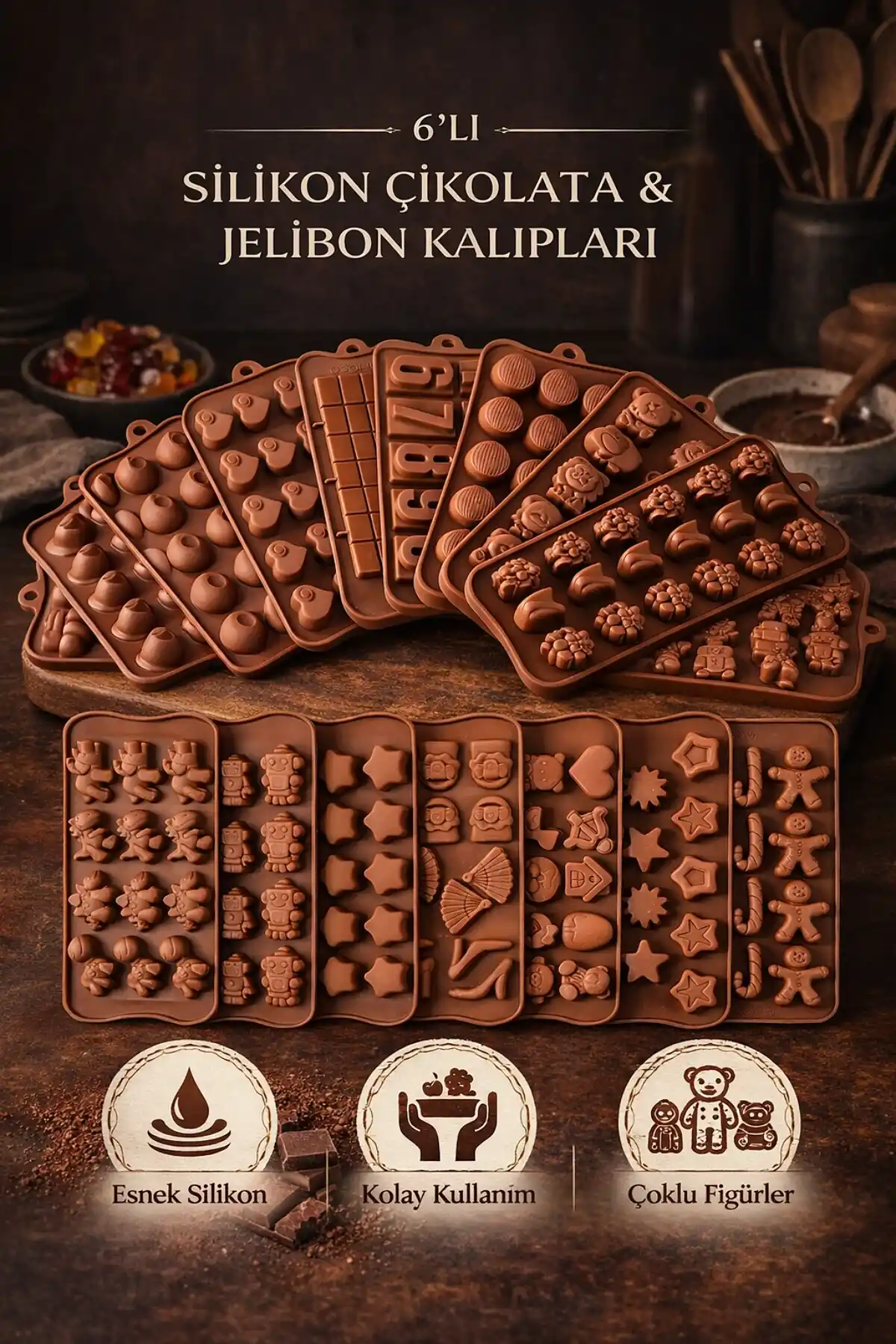 6lı Silikon Dubai Çikolata Kalıbı Çok Figürlü Mini Jelibon Şekilli Buzluk Dondurma Kalıpları