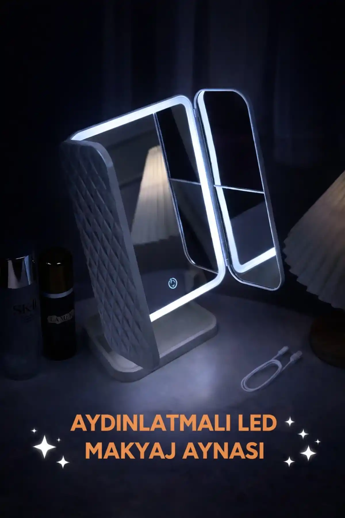 LED Işıklı Makyaj Aynası 3 Katlı Dokunmatik Büyüteçli USB Şarjlı Katlanabilir Masaüstü Makyaj Ayna
