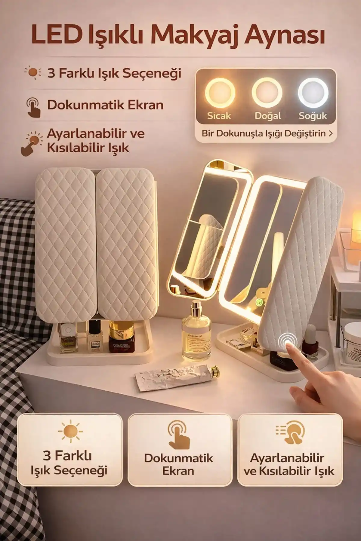 LED Işıklı Makyaj Aynası 3 Katlı Dokunmatik Büyüteçli USB Şarjlı Katlanabilir Masaüstü Makyaj Ayna