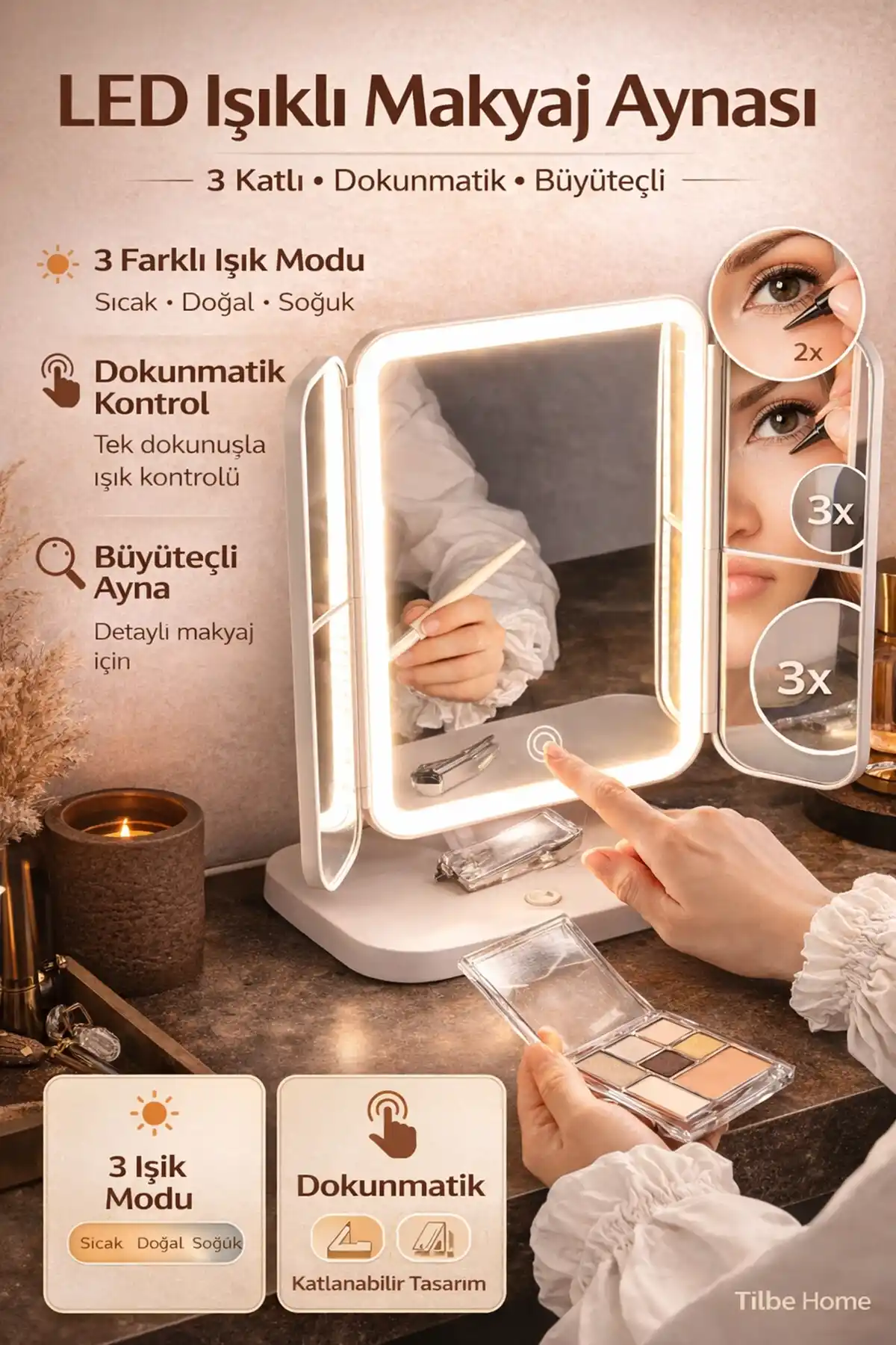 LED Işıklı Makyaj Aynası 3 Katlı Dokunmatik Büyüteçli USB Şarjlı Katlanabilir Masaüstü Makyaj Ayna