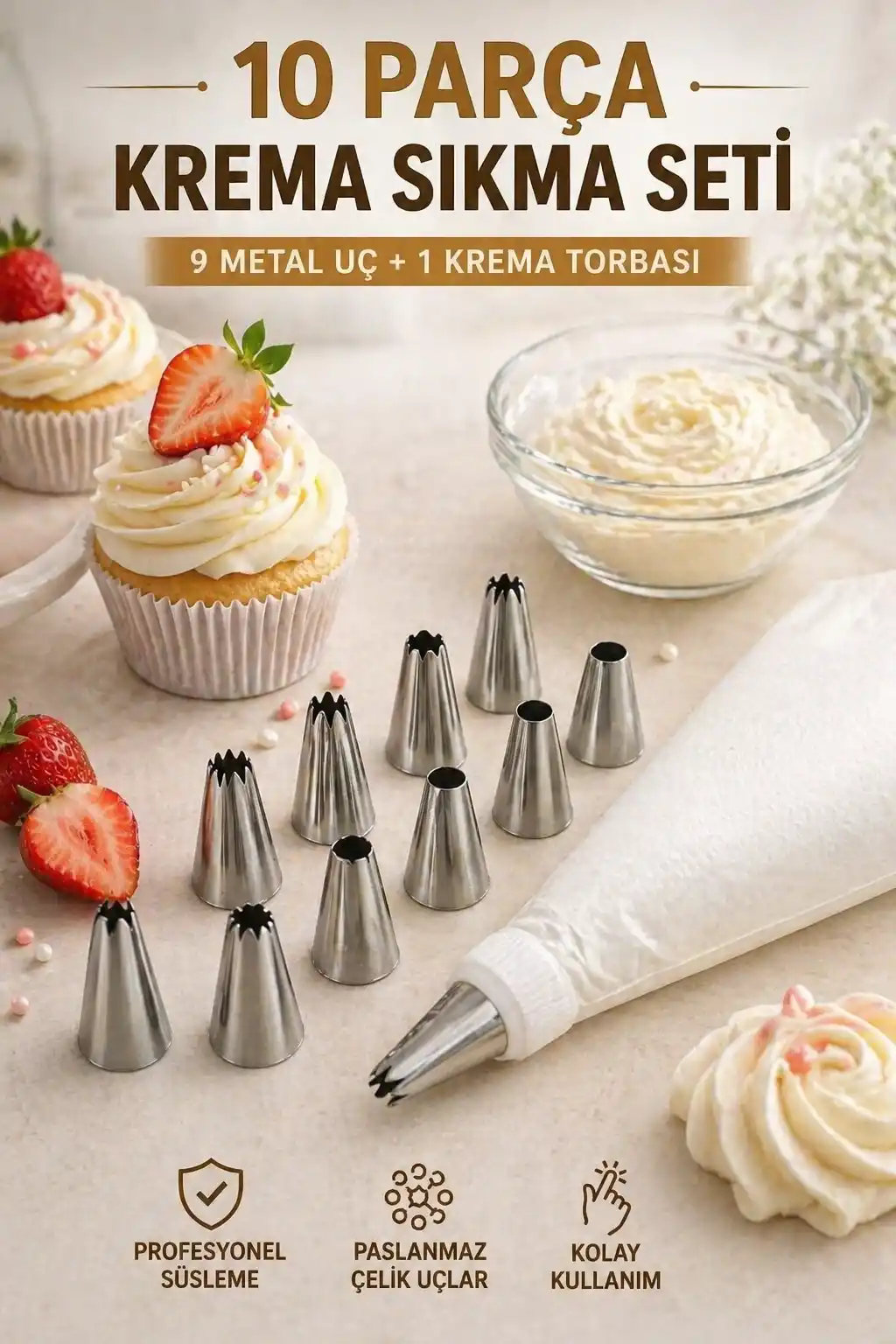 Krema Sıkma Torbası Seti 10 Parça Pasta Kek Süsleme Torbası Çelik Uçlu Cupcake Kurabiye Dekor Uçlar