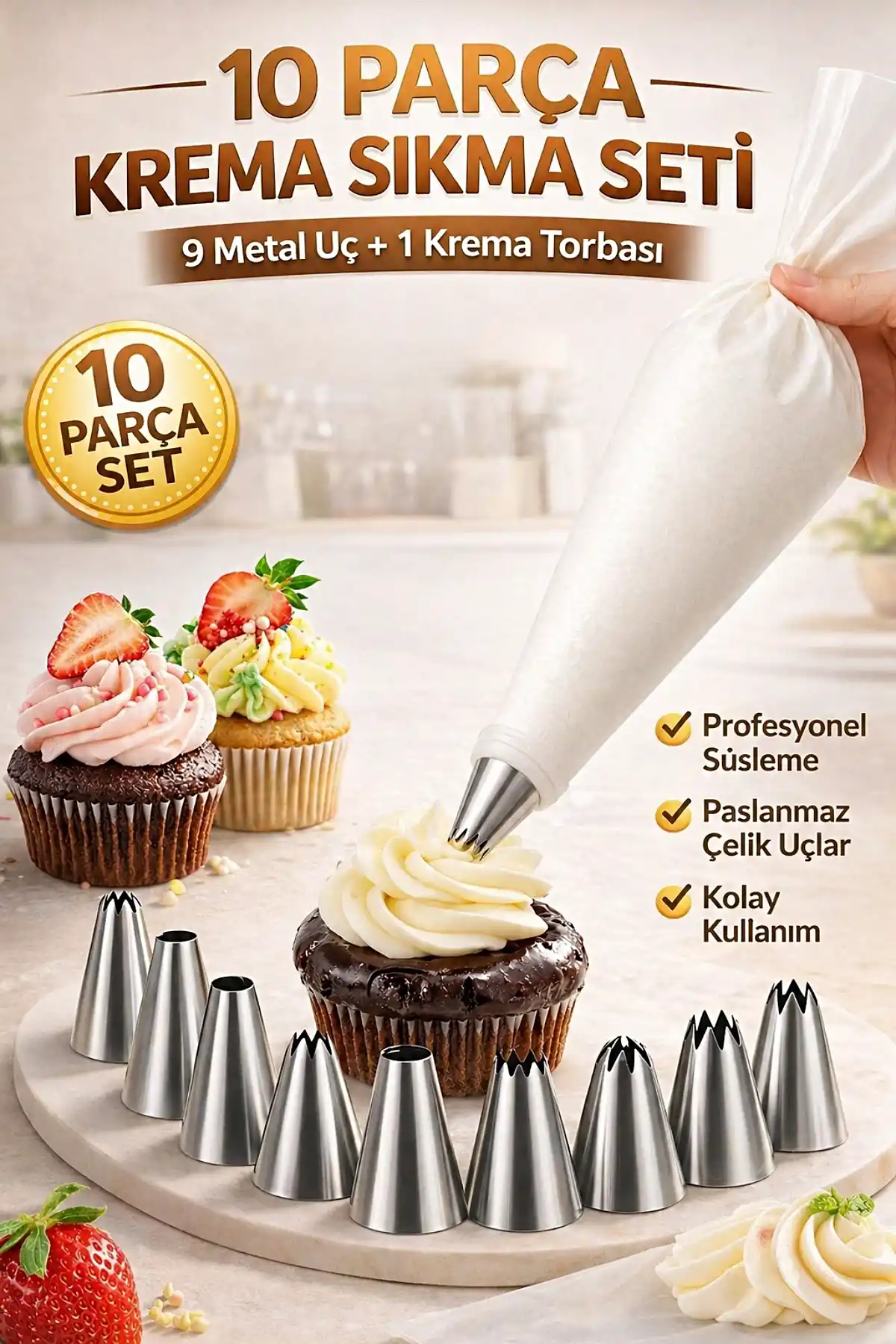 Krema Sıkma Torbası Seti 10 Parça Pasta Kek Süsleme Torbası Çelik Uçlu Cupcake Kurabiye Dekor Uçlar