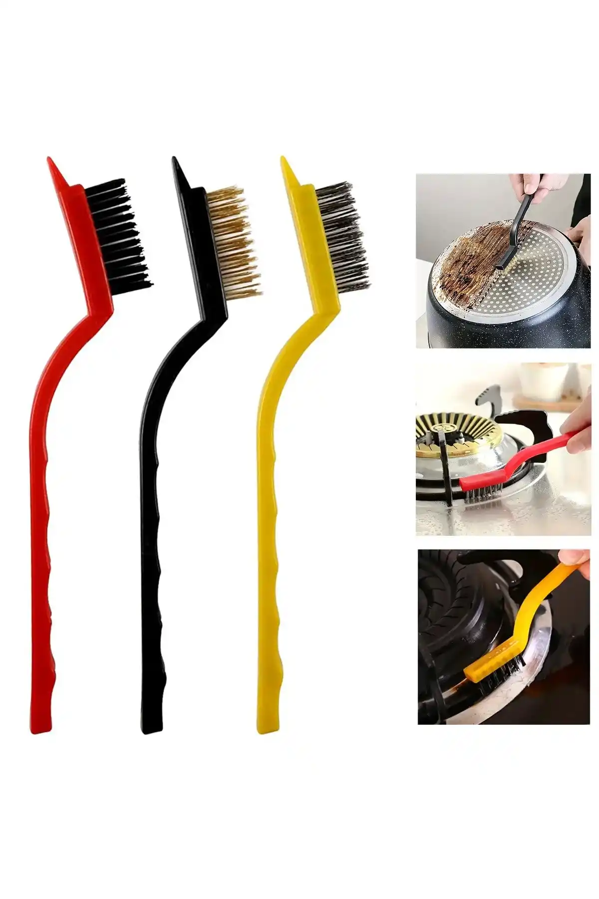 3lü Tel Fırça Seti Çelik Yüzey Temizlik Fırçası Pas Kir Yağ Sökücü Ders Arası Ocak Temizleyici