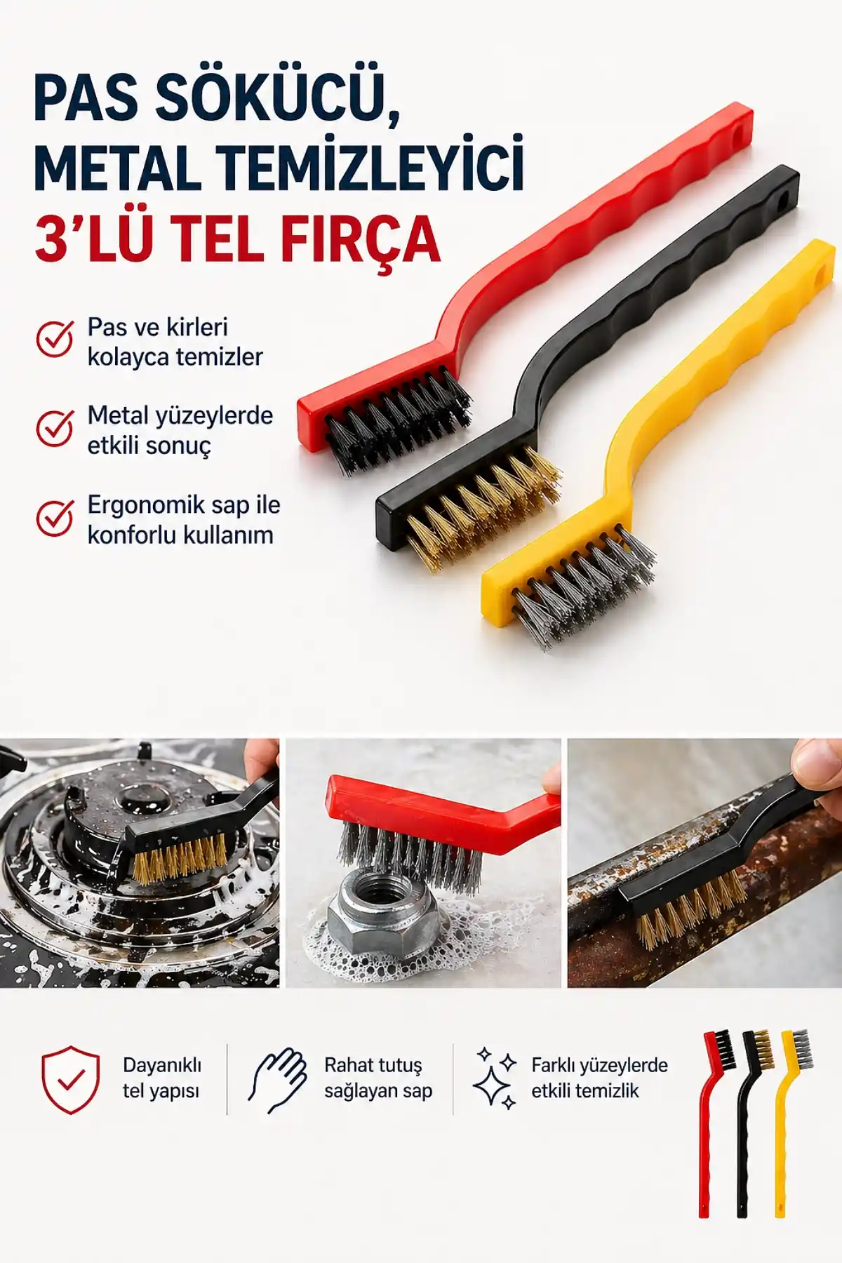 3lü Tel Fırça Seti Çelik Yüzey Temizlik Fırçası Pas Kir Yağ Sökücü Ders Arası Ocak Temizleyici