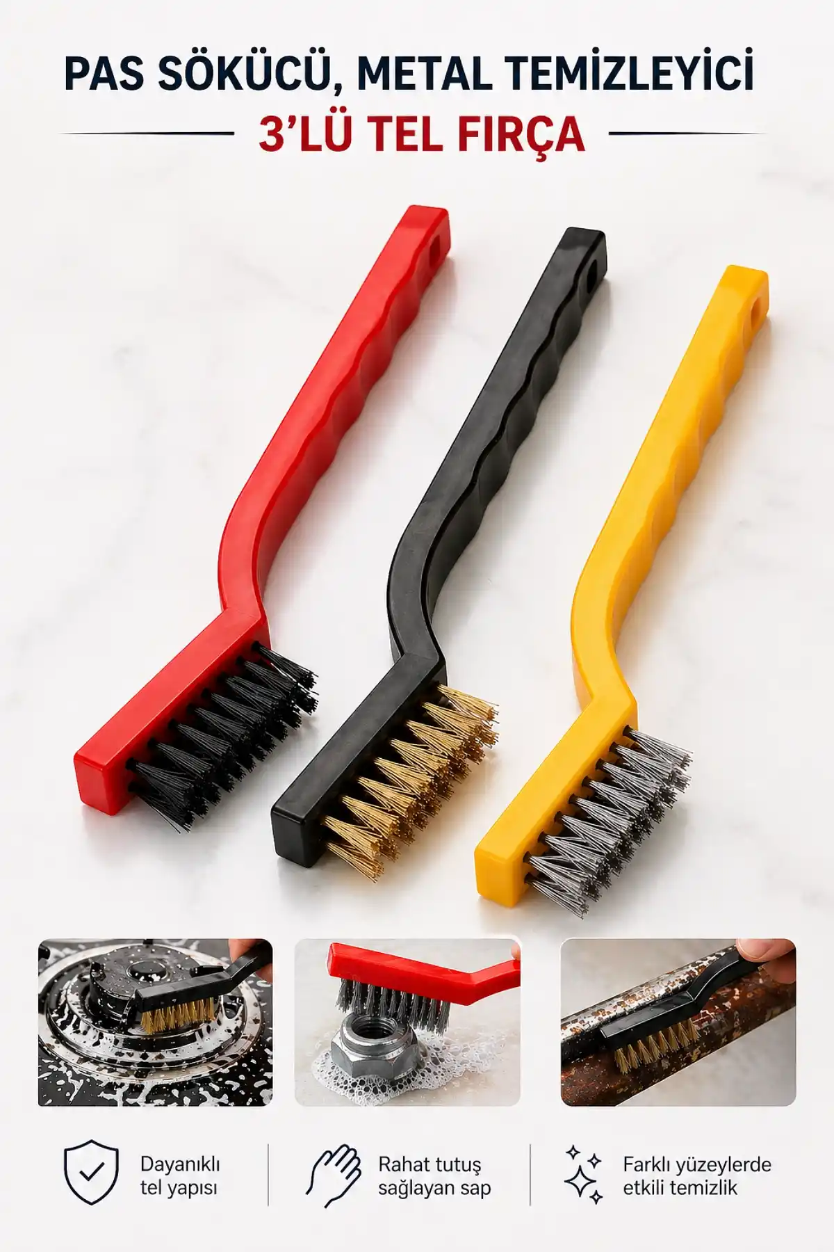 3lü Tel Fırça Seti Çelik Yüzey Temizlik Fırçası Pas Kir Yağ Sökücü Ders Arası Ocak Temizleyici