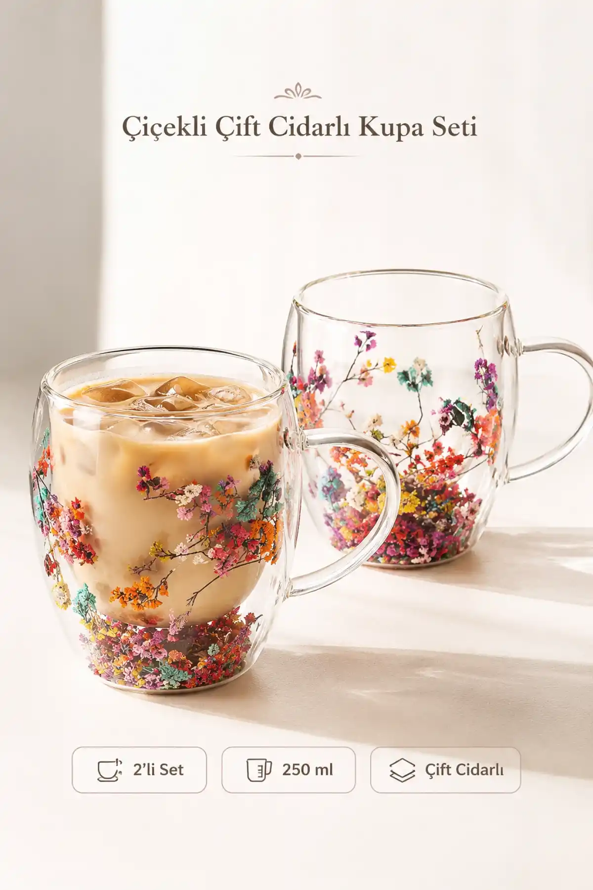 2li Çift Cidarlı Çiçekli Cam Bardak 250ml Kulplu Flower Cup Meşrubat El Yapımı Kahve Sunum Bardağı