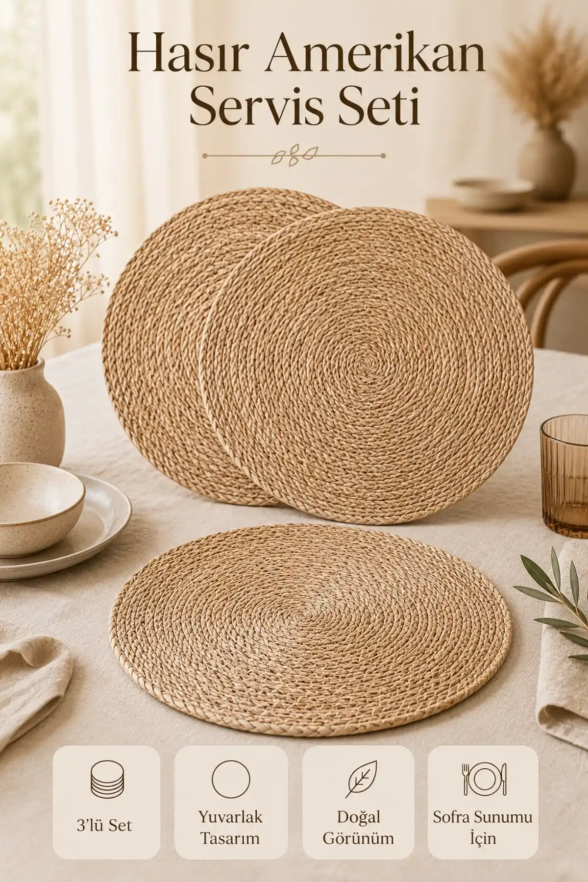 3lü Bambu Rattan Amerikan Servis Hasır Yuvarlak Supla Tabak Altlığı Masa Dekoru Sofra Sunum Seti