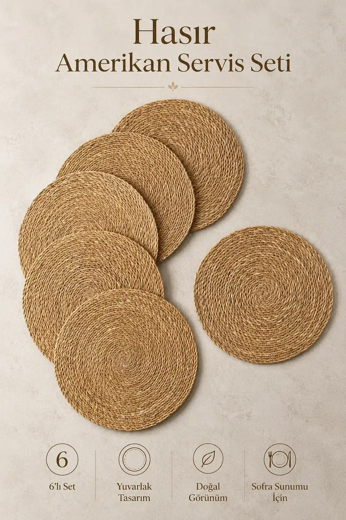 6lı Bambu Rattan Amerikan Servis Hasır Yuvarlak Supla Tabak Altlığı Masa Dekoru Sofra Sunum Seti