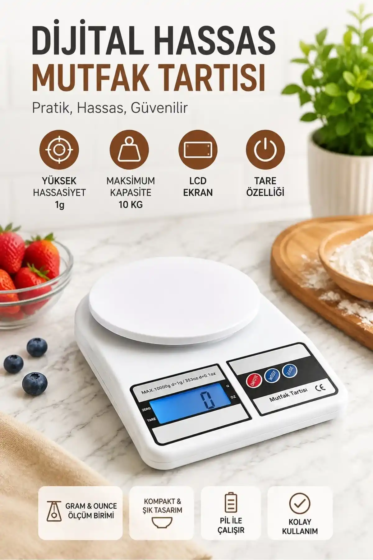 Dijital Mutfak Terazisi 10 Kg Hassas 1 Gr Ölçüm LCD Ekranlı Tare Fonksiyonlu Pratik Mutfak Tartısı