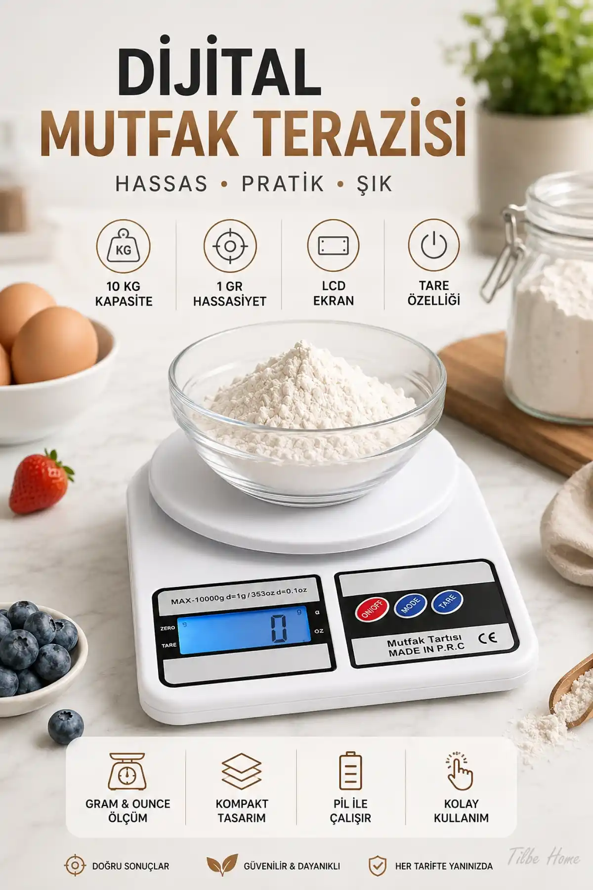 Dijital Mutfak Terazisi 10 Kg Hassas 1 Gr Ölçüm LCD Ekranlı Tare Fonksiyonlu Pratik Mutfak Tartısı