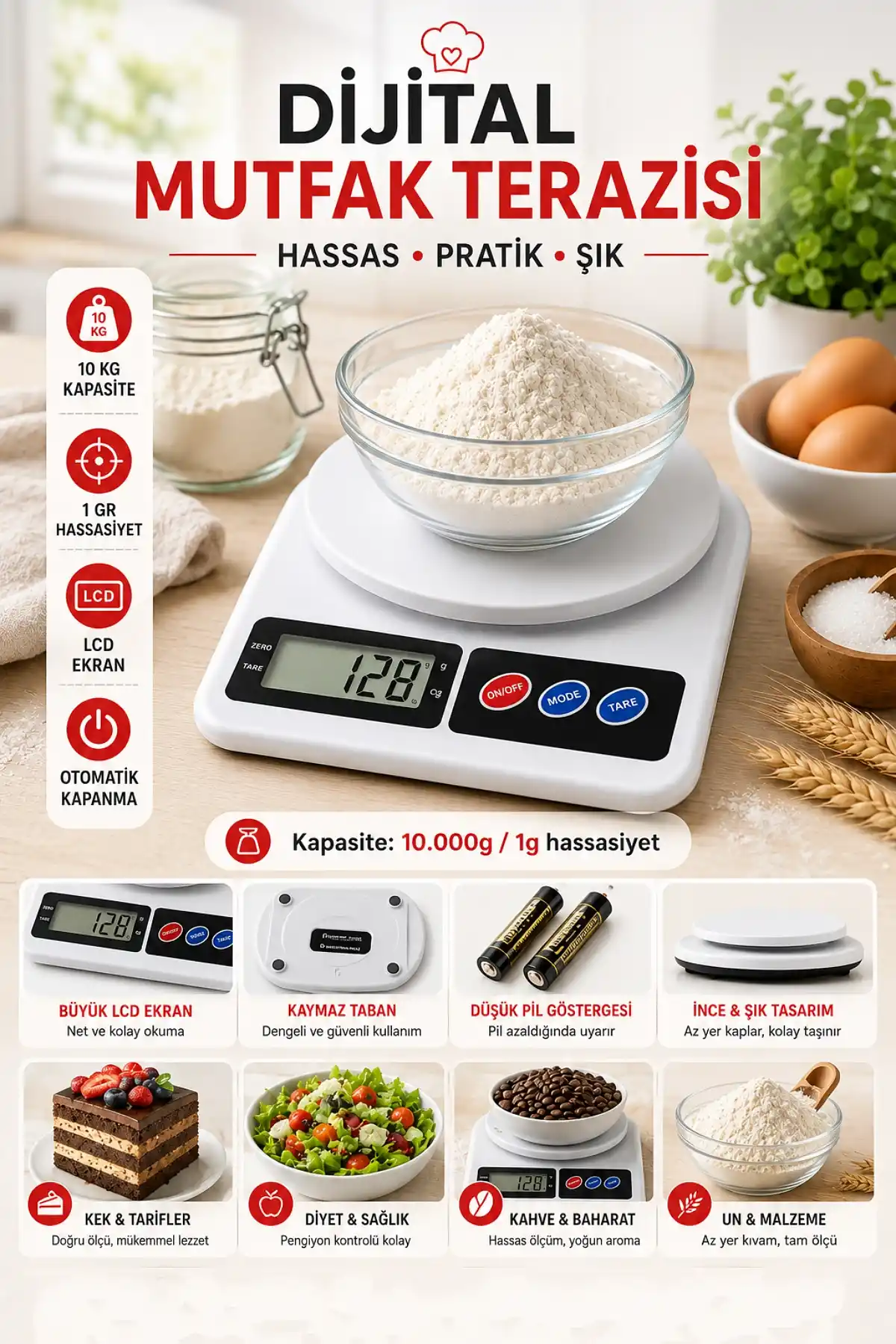 Dijital Mutfak Terazisi 10 Kg Hassas 1 Gr Ölçüm LCD Ekranlı Tare Fonksiyonlu Pratik Mutfak Tartısı
