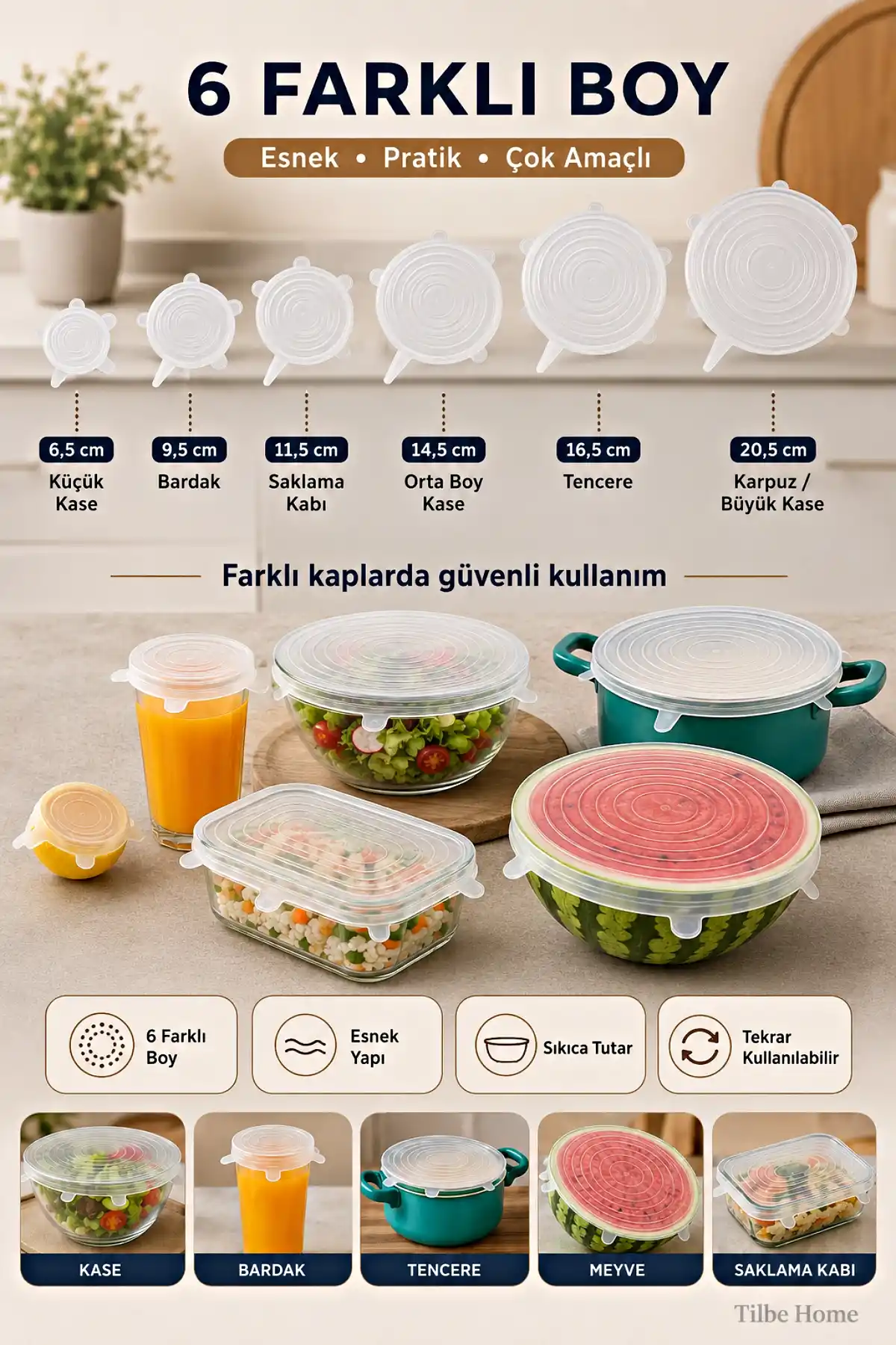6’lı Silikon Streç Kapak Bonesi Şeffaf Esnek Gıda Koruyucu Tencere Tabak Bardak Kapağı Bone Seti