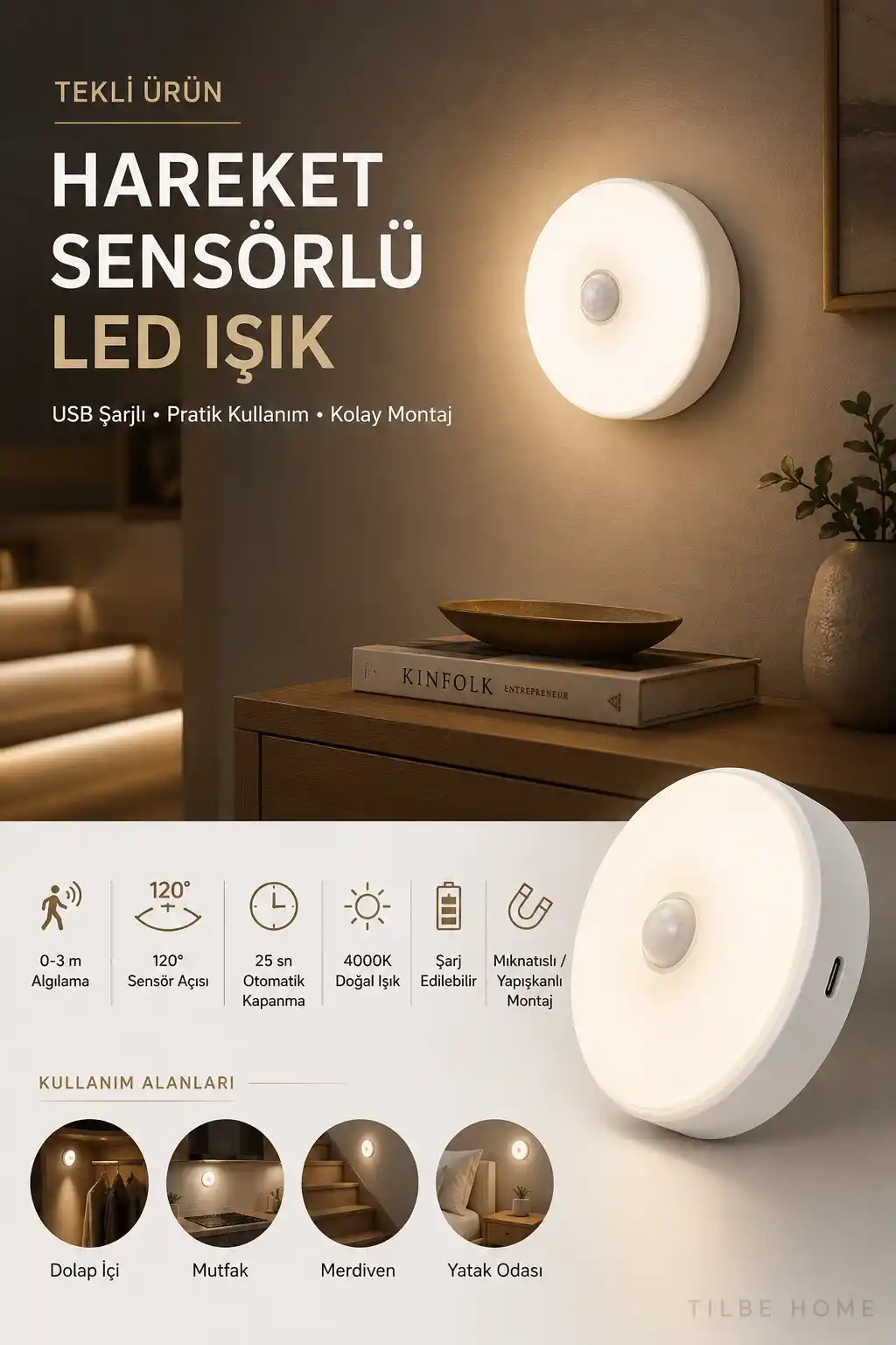 Hareket Sensörlü USB Şarjlı LED Lamba Kablosuz Dolap Mutfak Merdiven Koridor Otomatik Gece Işığı