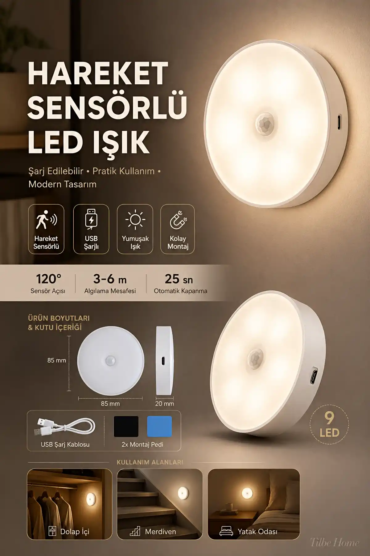 2li Hareket Sensörlü USB Şarjlı LED Lamba Dolap Mutfak Merdiven Koridor Otomatik Gece Işığı