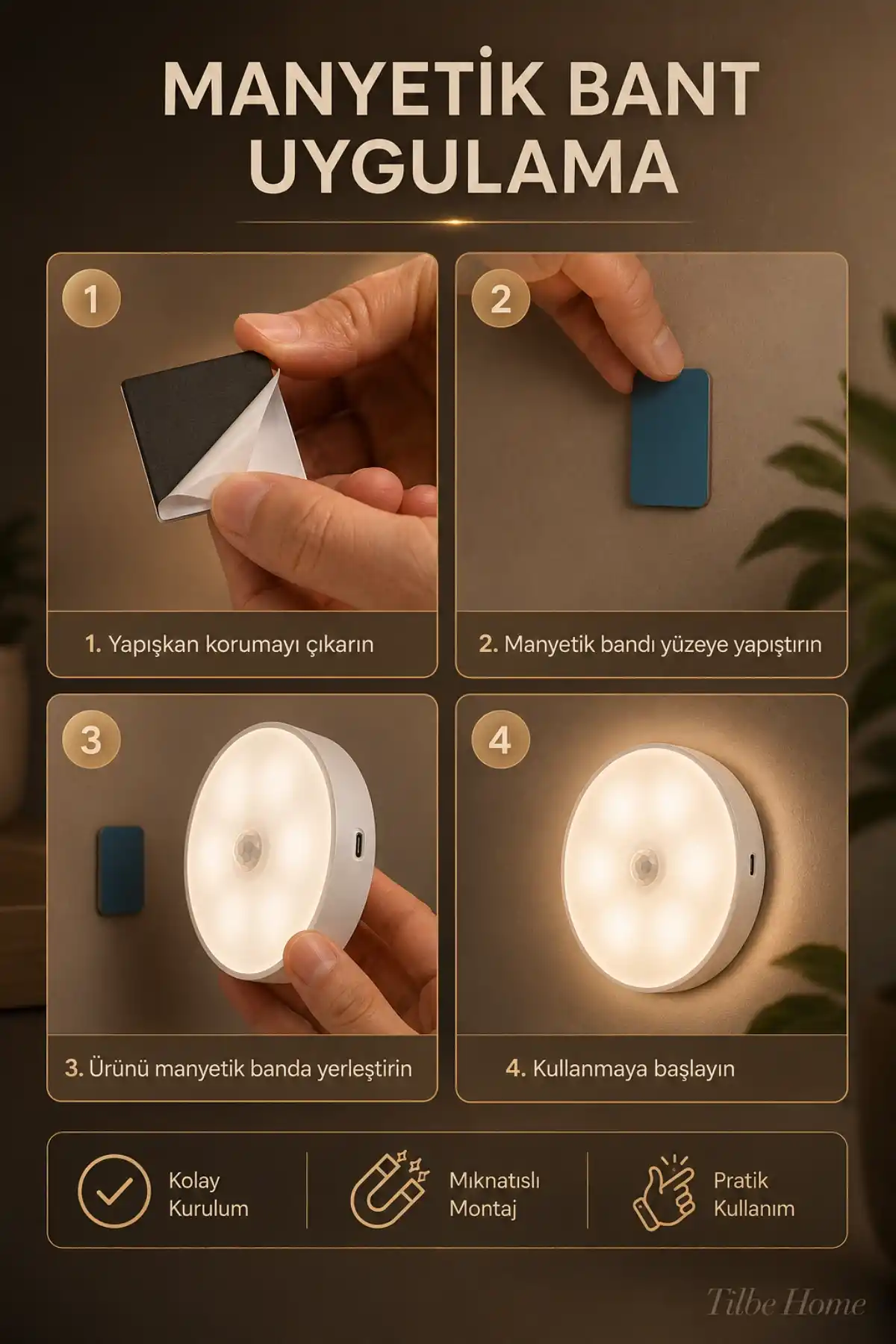 2li Hareket Sensörlü USB Şarjlı LED Lamba Dolap Mutfak Merdiven Koridor Otomatik Gece Işığı