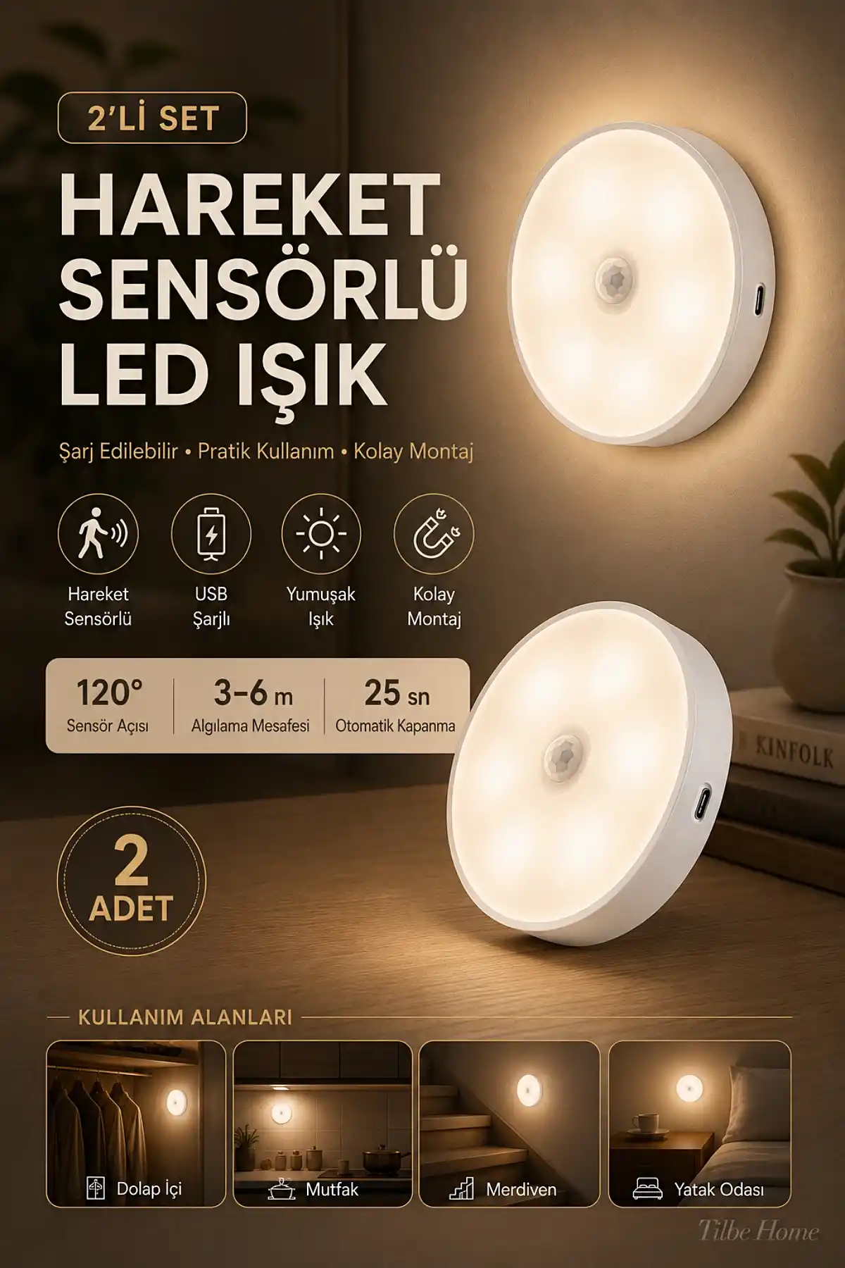 2li Hareket Sensörlü USB Şarjlı LED Lamba Dolap Mutfak Merdiven Koridor Otomatik Gece Işığı