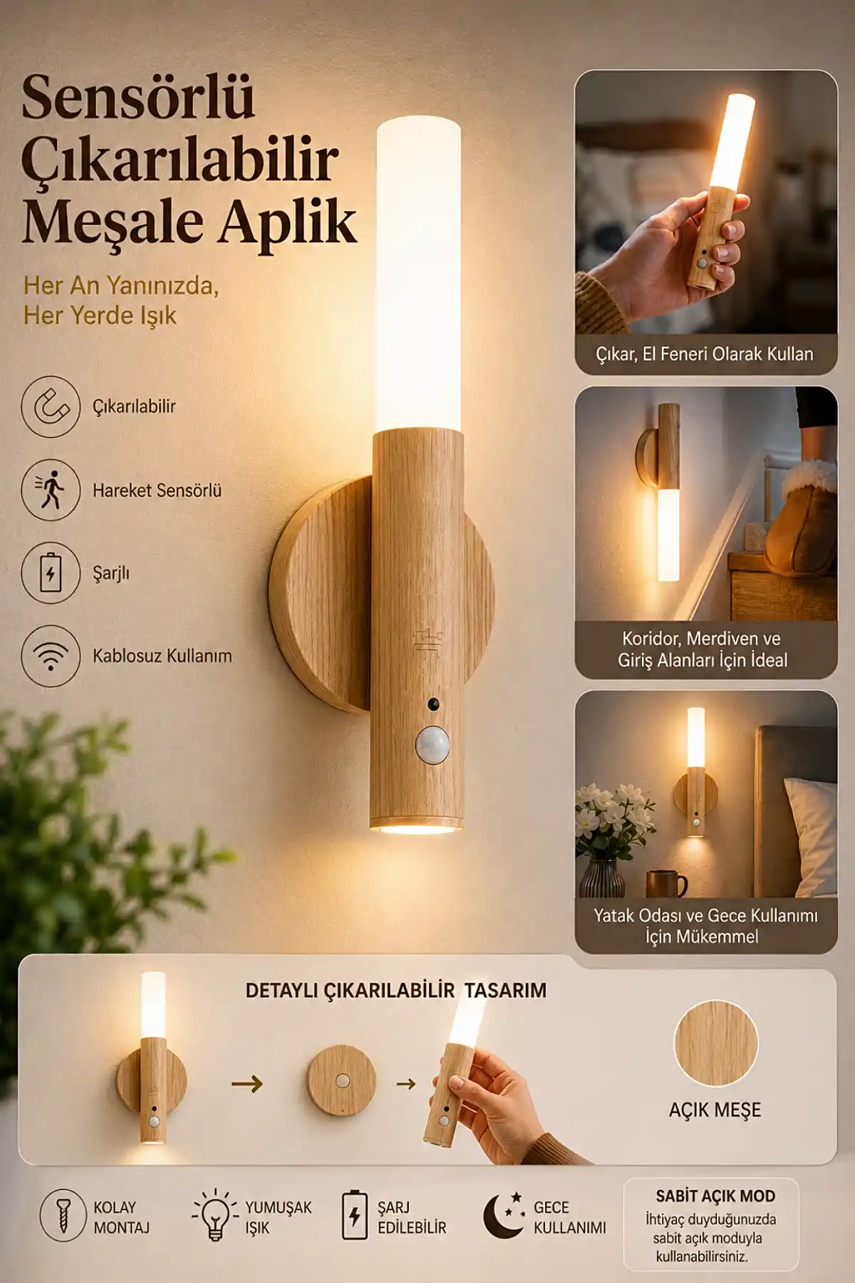 Sensörlü Çıkarılabilir Meşale Aplik Şarjlı LED Kablosuz Duvar Lambası Oda Gece Işığı Taşınabilir