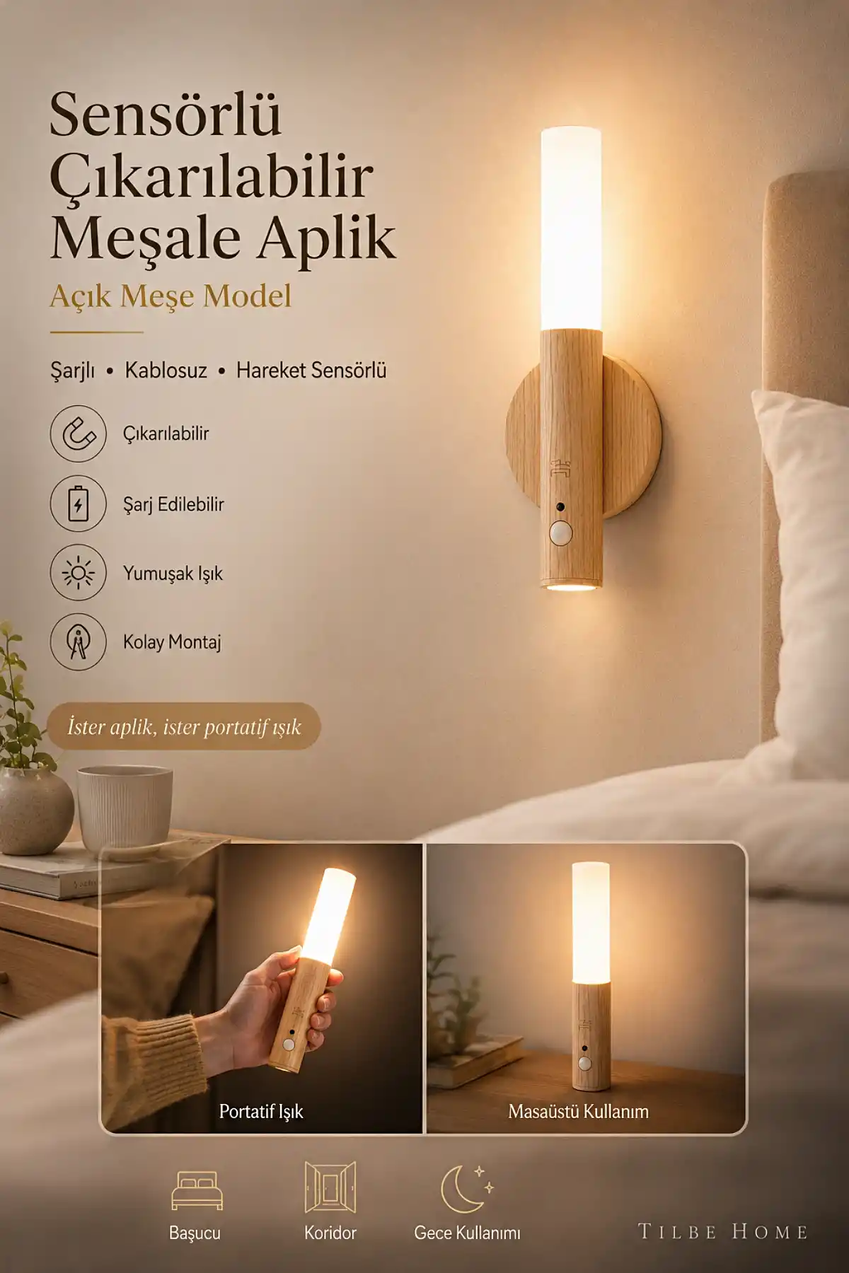 Sensörlü Çıkarılabilir Meşale Aplik Şarjlı LED Kablosuz Duvar Lambası Oda Gece Işığı Taşınabilir