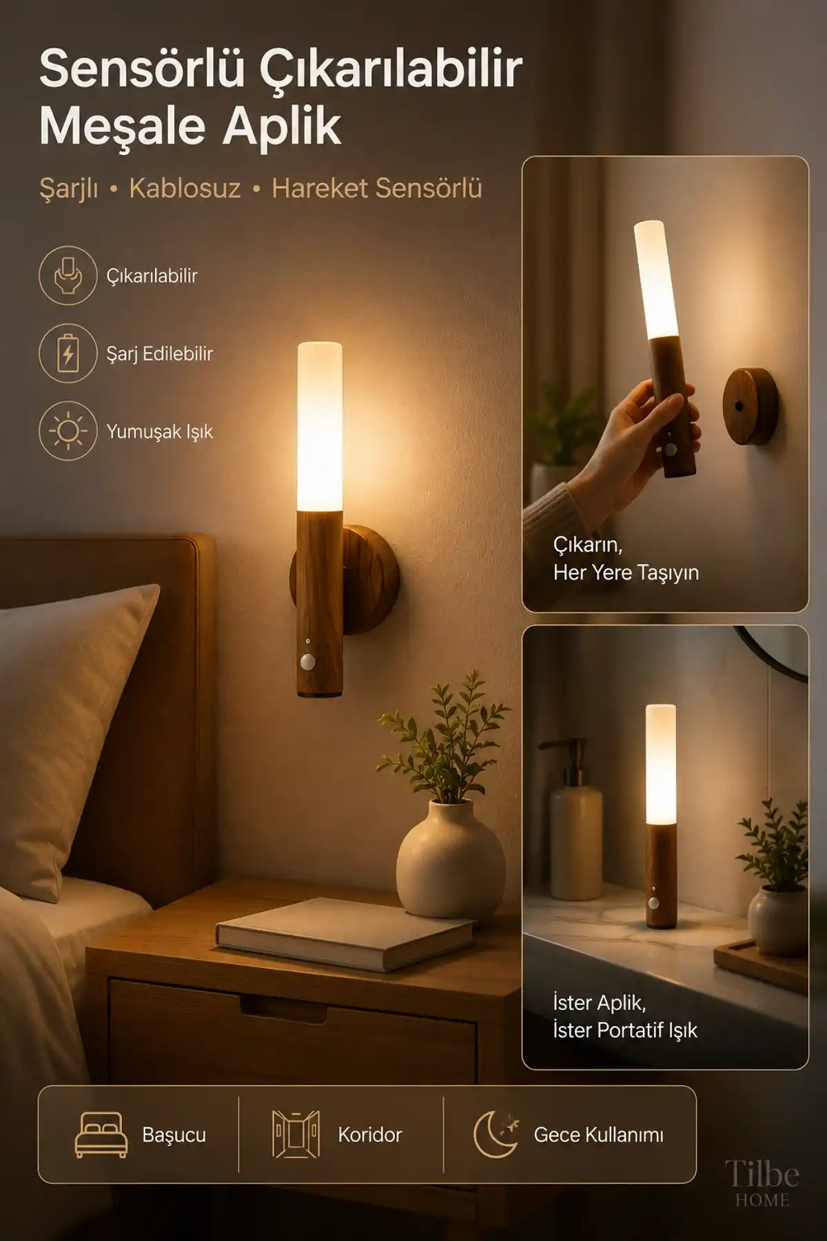 Sensörlü Çıkarılabilir Meşale Aplik USB Şarjlı LED Duvar Lambası Oda Gece Işığı Taşınabilir Işık