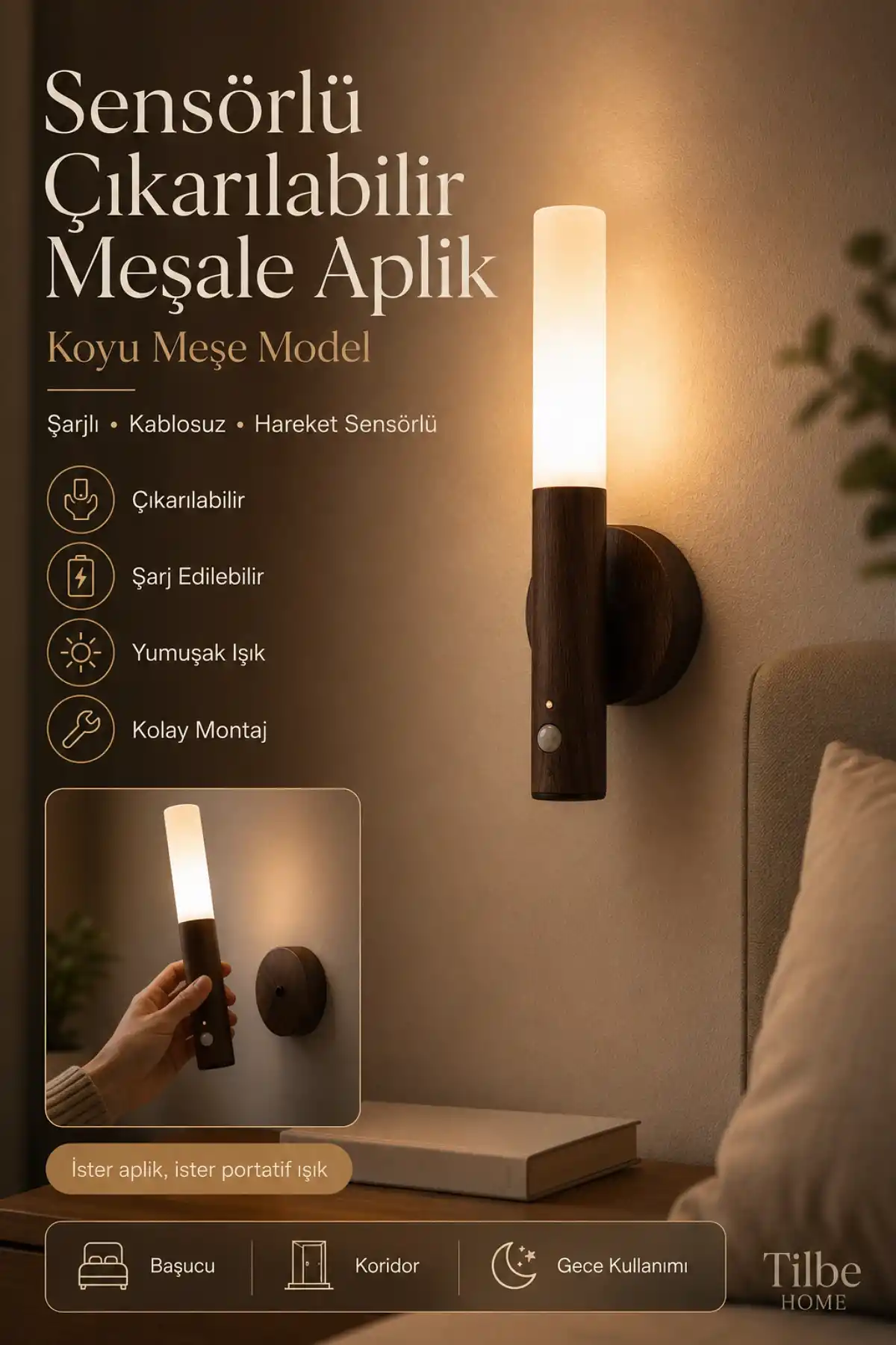 Sensörlü Çıkarılabilir Meşale Aplik USB Şarjlı LED Duvar Lambası Oda Gece Işığı Taşınabilir Işık