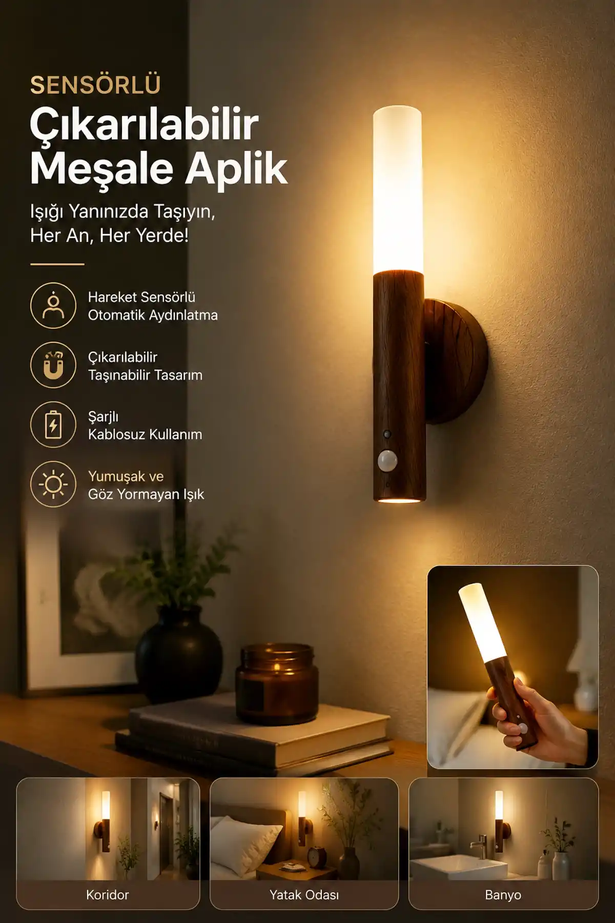 Sensörlü Çıkarılabilir Meşale Aplik USB Şarjlı LED Duvar Lambası Oda Gece Işığı Taşınabilir Işık