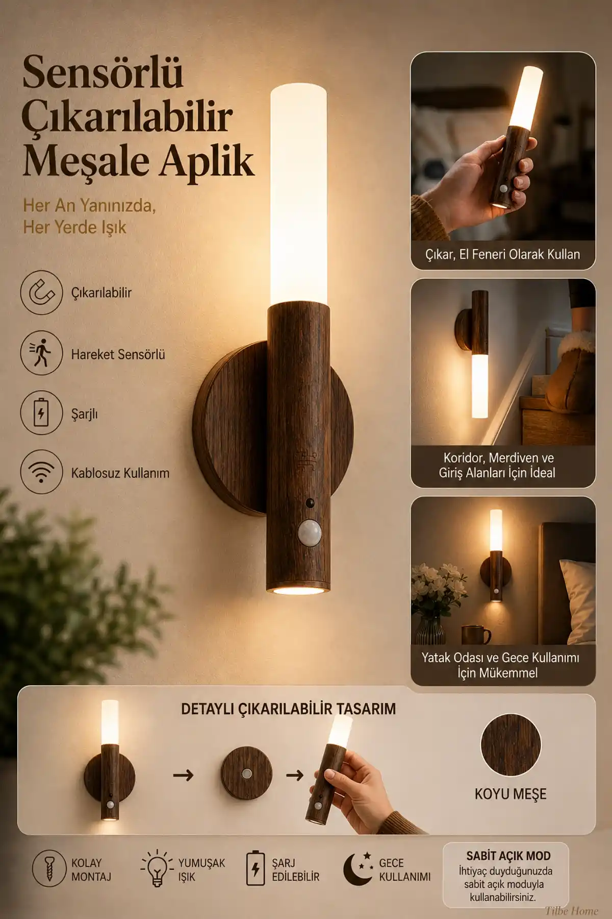 Sensörlü Çıkarılabilir Meşale Aplik USB Şarjlı LED Duvar Lambası Oda Gece Işığı Taşınabilir Işık