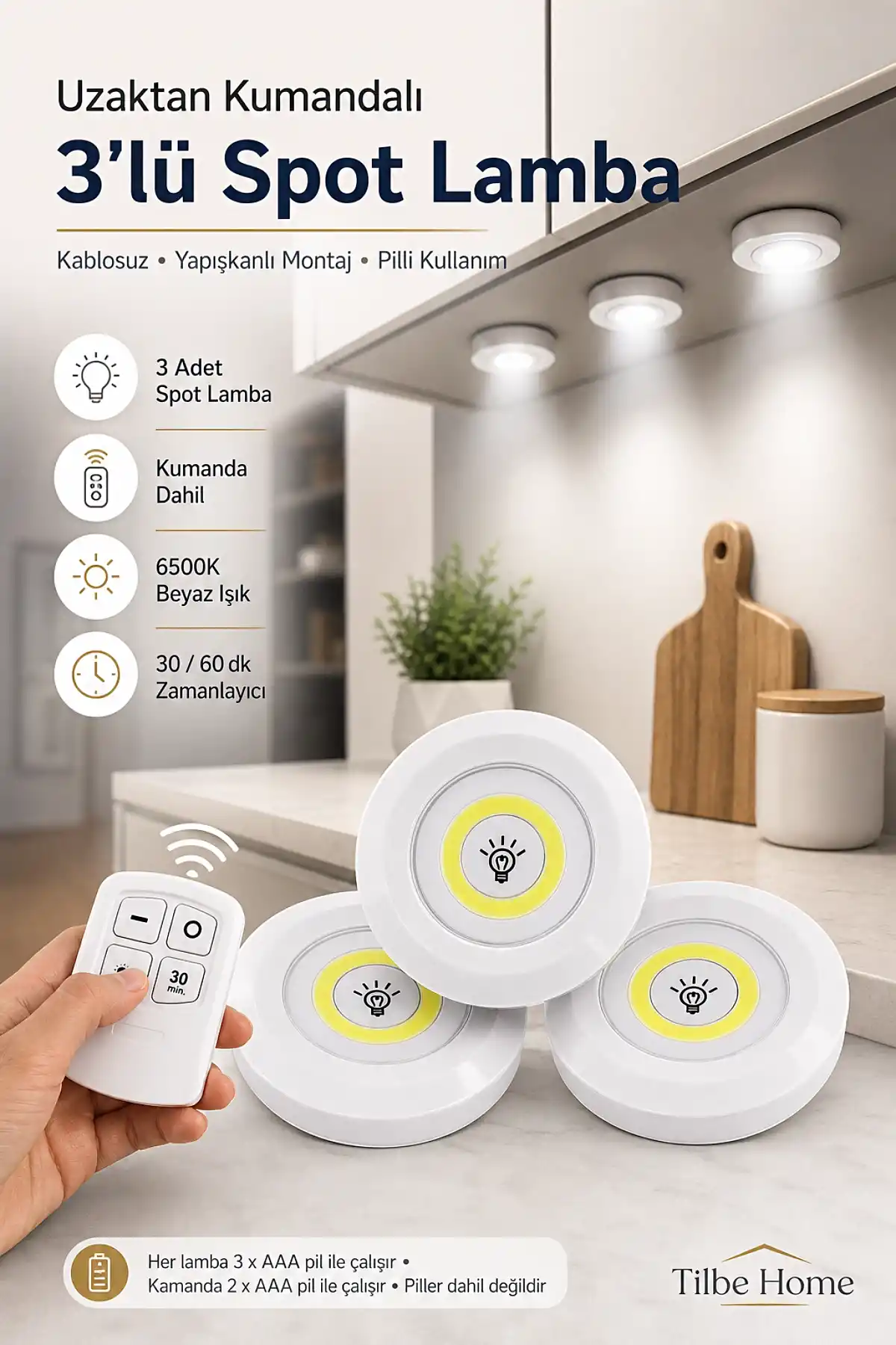 3lü Kumandalı Kablosuz Pilli LED Spot Lamba Zaman Ayarlı Dolap İçi Mutfak Tezgah Banyo Dolabı Işığı