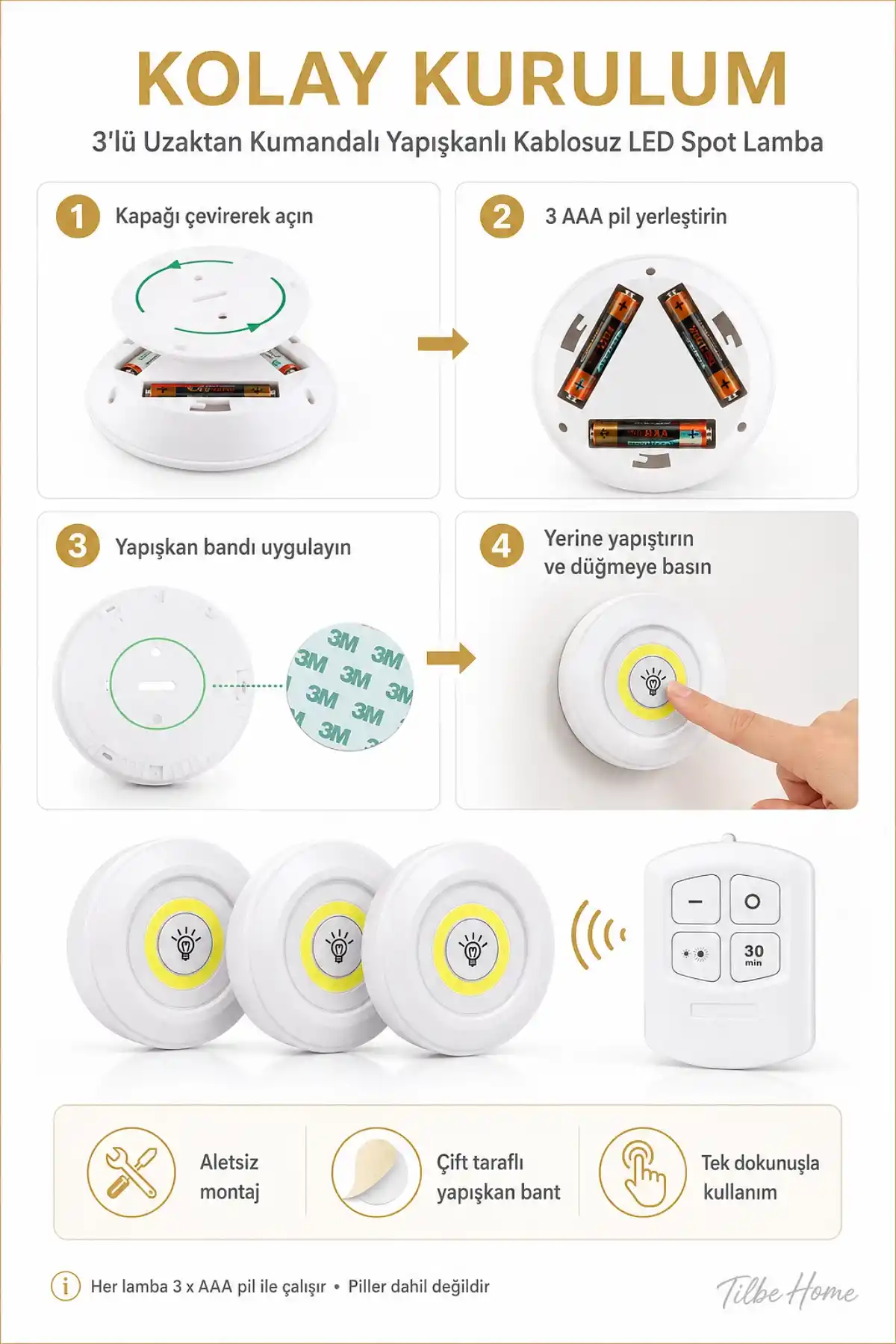 3lü Kumandalı Kablosuz Pilli LED Spot Lamba Zaman Ayarlı Dolap İçi Mutfak Tezgah Banyo Dolabı Işığı