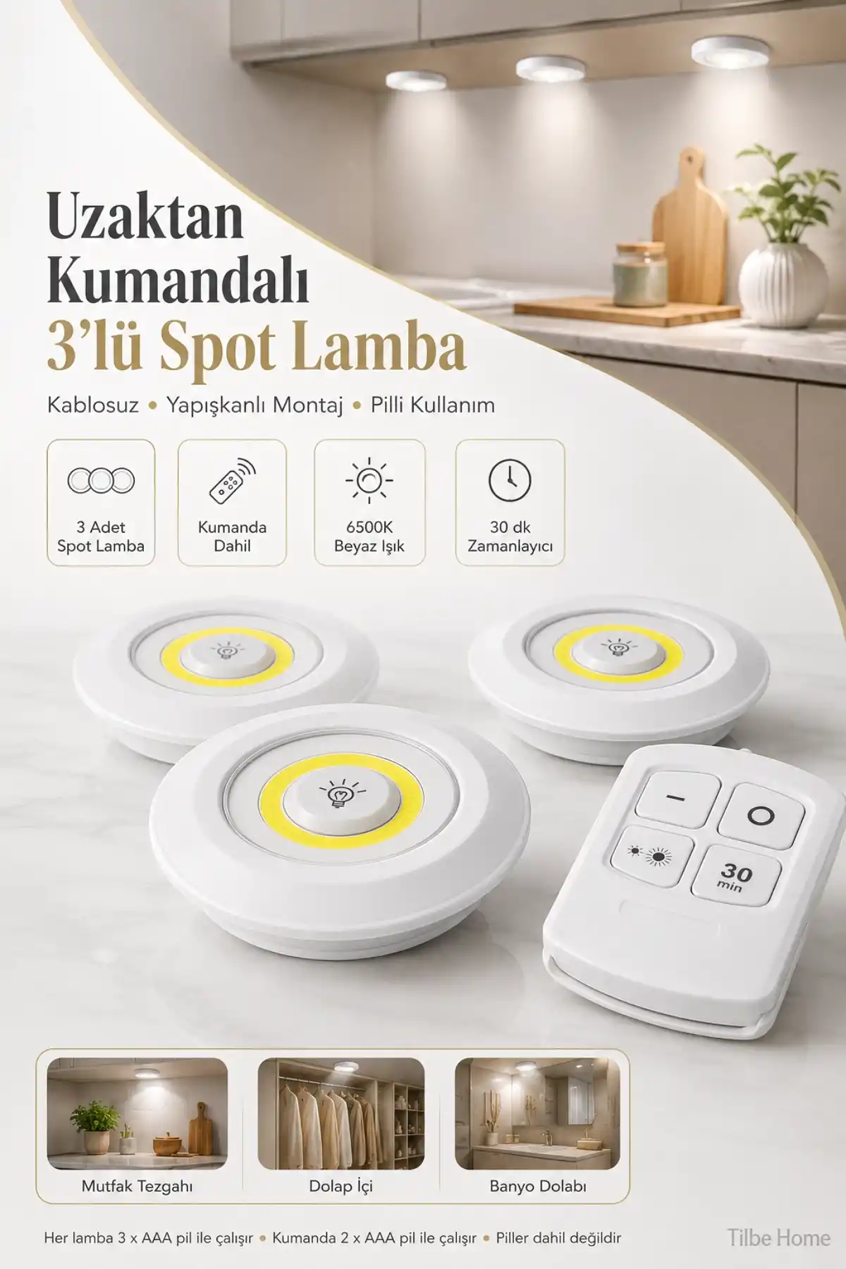3lü Kumandalı Kablosuz Pilli LED Spot Lamba Zaman Ayarlı Dolap İçi Mutfak Tezgah Banyo Dolabı Işığı