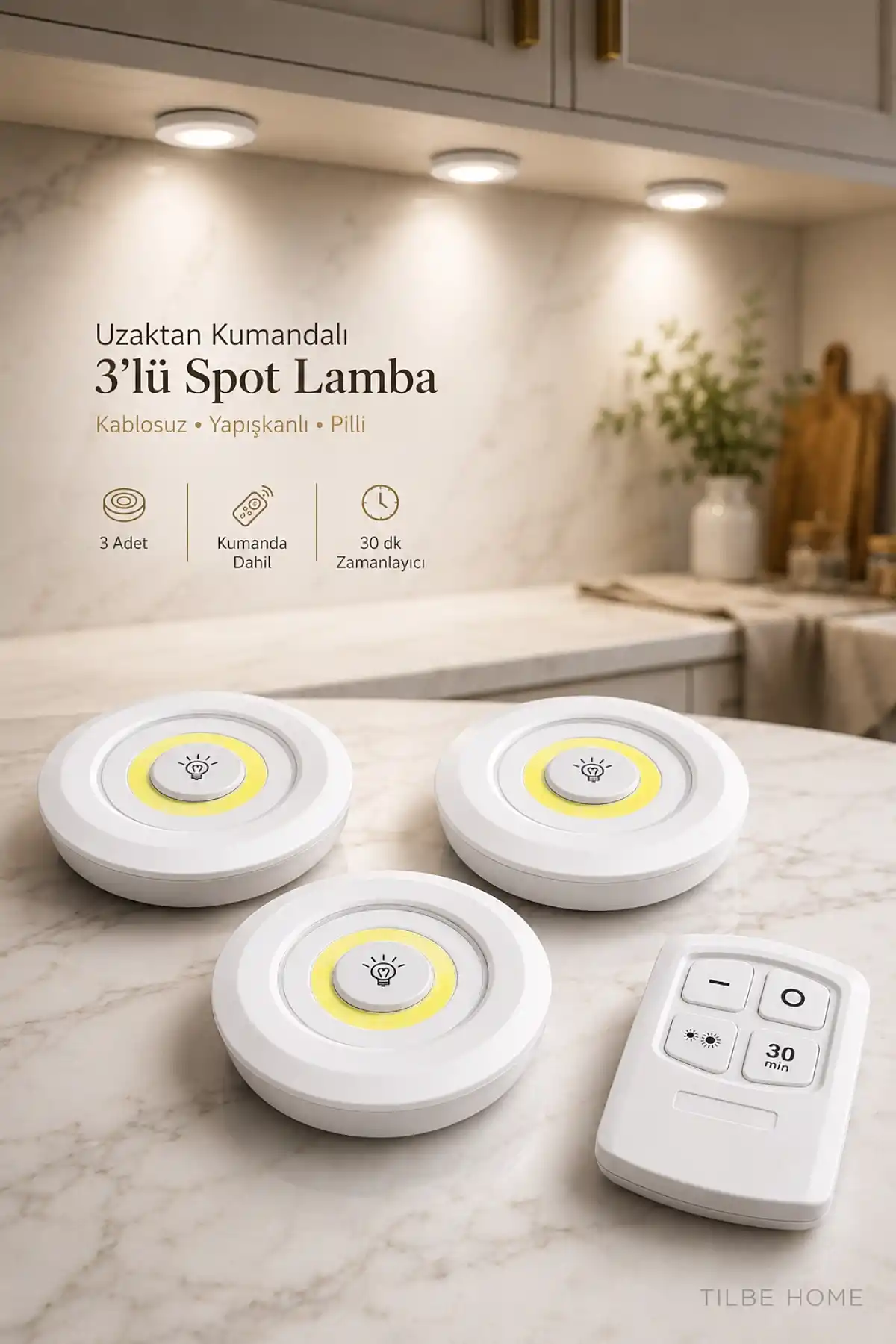 3lü Kumandalı Kablosuz Pilli LED Spot Lamba Zaman Ayarlı Dolap İçi Mutfak Tezgah Banyo Dolabı Işığı
