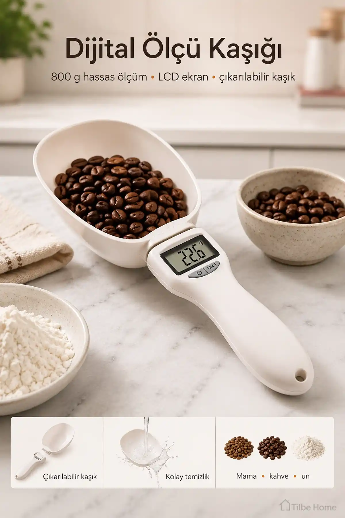 Dijital Ölçü Kaşığı Terazi 800 Gr Hassas Tartılı Mama Kabı LCD Ekranlı Mutfak Kahve Un Ölçüm Kaşığı